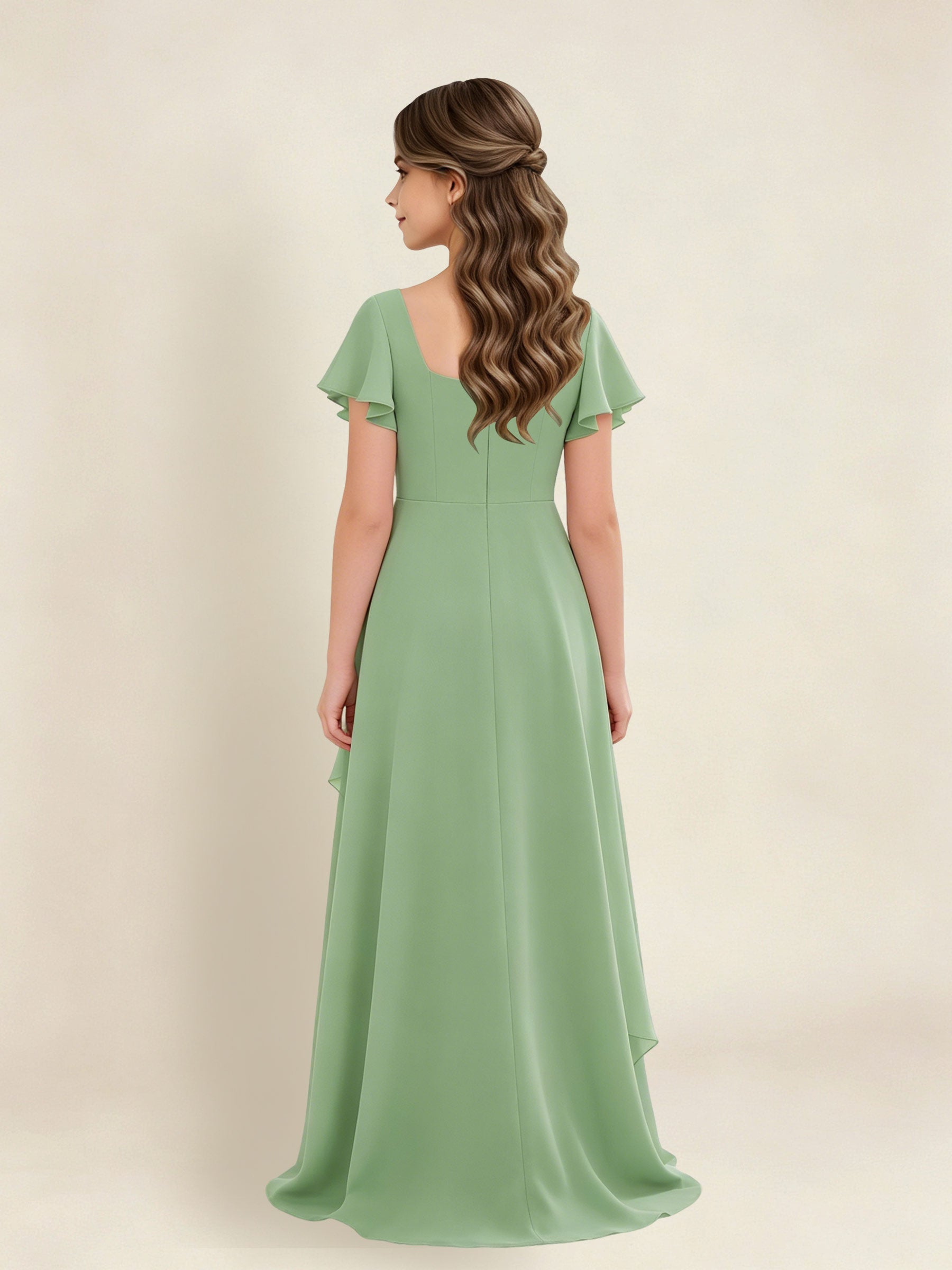 ROVDESY A-Line Square Neck Ruffle Chiffon Junior Bridesmaid Dress With Short Sleeves