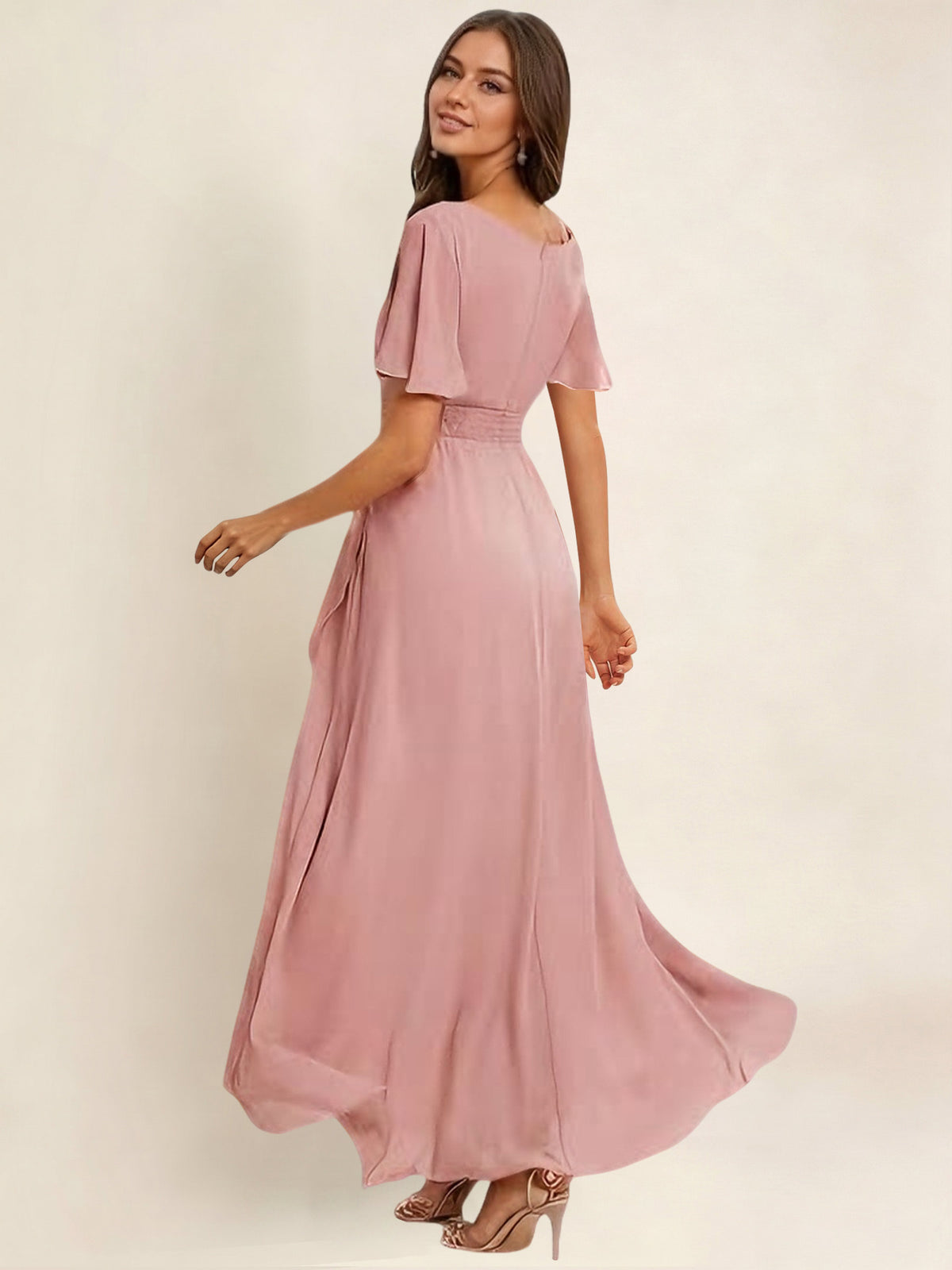 ROVDESY A-Line High Low Round Neck Pleated Ruffle Chiffon Bridesmaid Dress With Short Sleeves