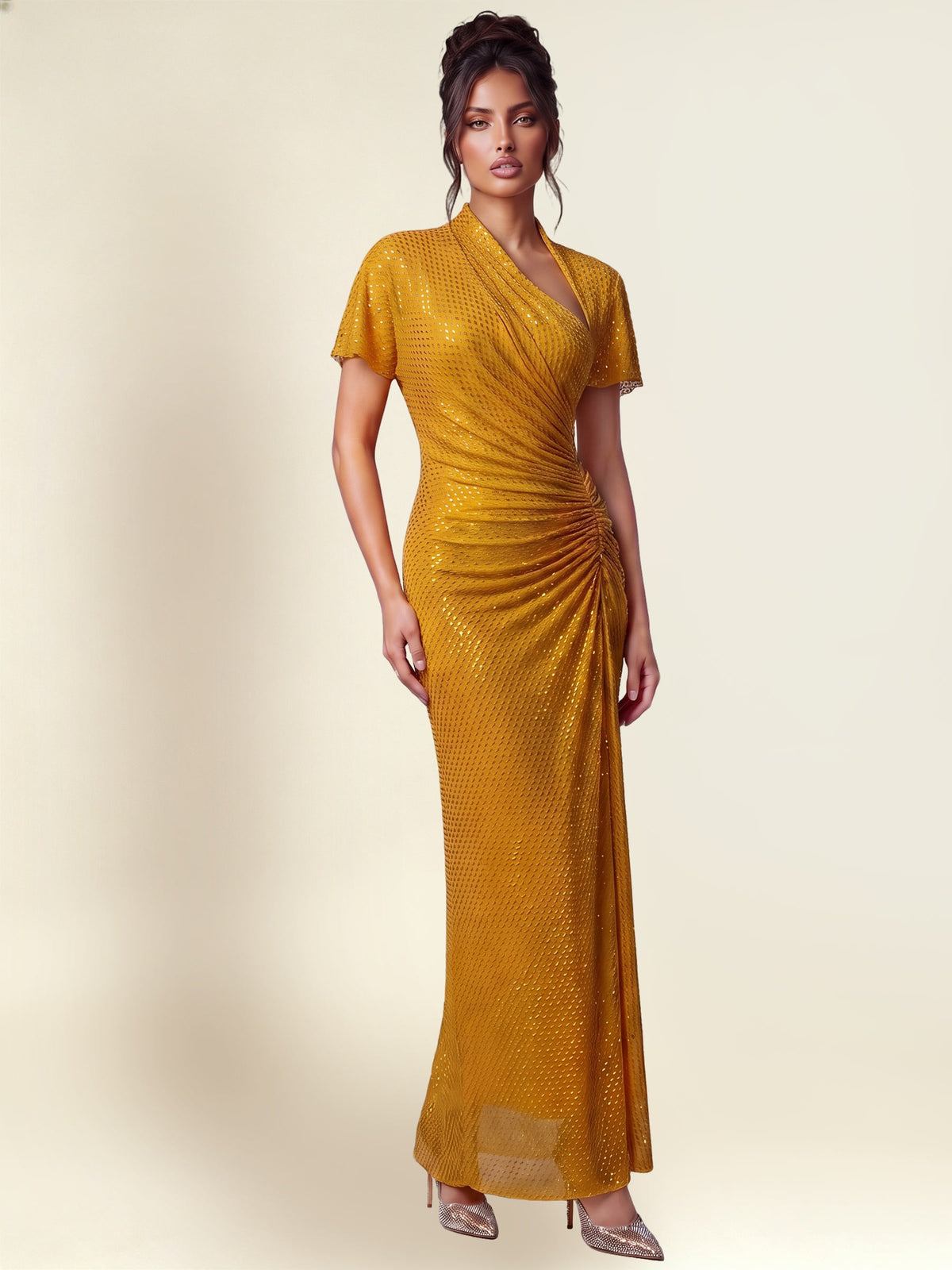 Golden Tube?Rhinestone Wrap Maxi Formal Dress With Asymmetrical Cutout Neck