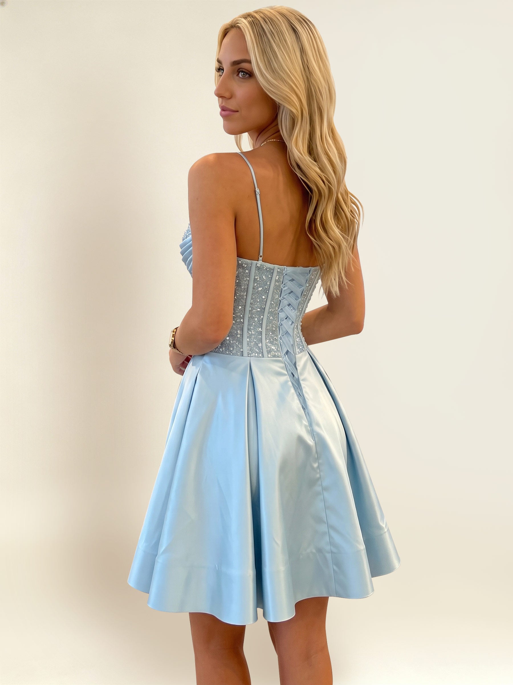 ROVDESY A-Line Spaghetti Strap Sequin Corset Satin Homecoming Mini Dress