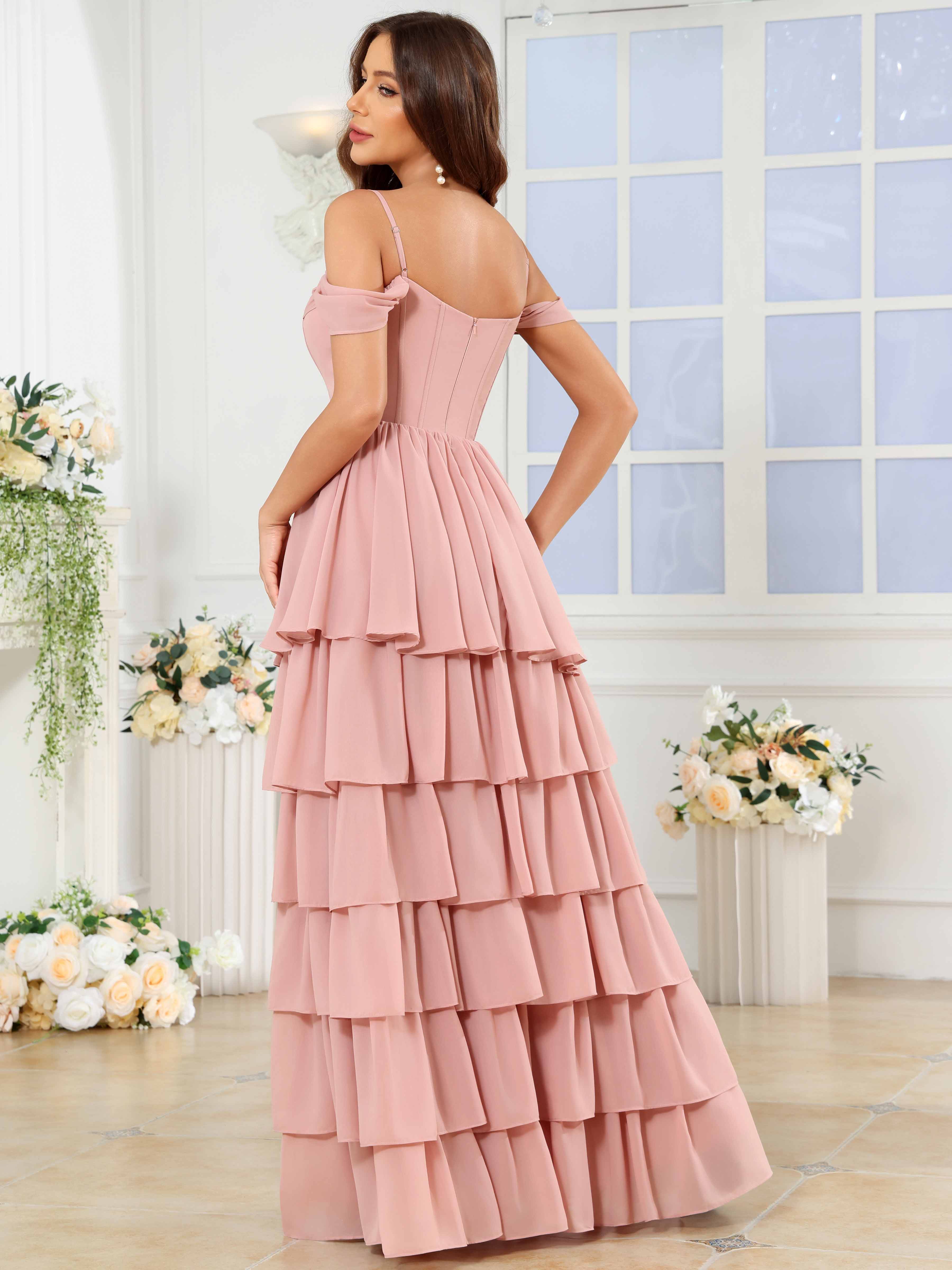 ROVDESY A-Line Off The Shoulder Tiered Chiffon Bridesmaid/Prom Dress With Slit