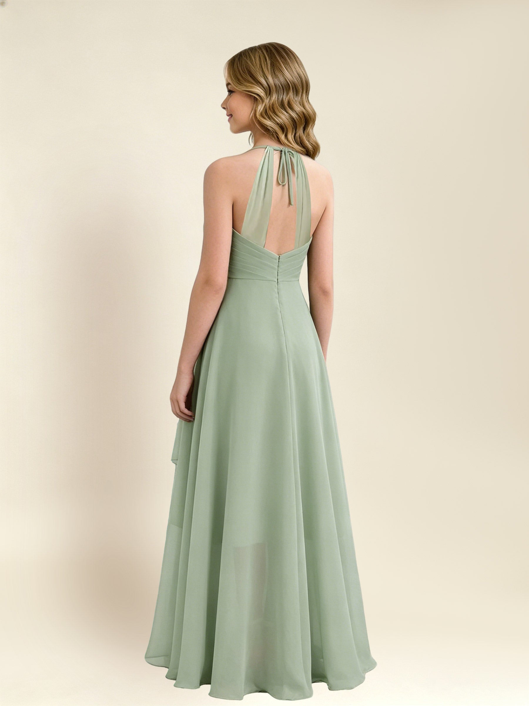 ROVDESY A-Line Halter Pleated Chiffon Junior Bridesmaid Dress