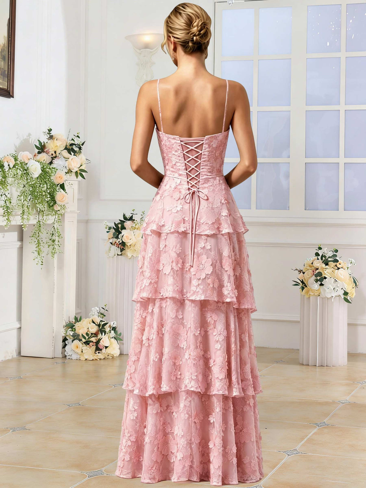 Spaghetti Strap 3D Floral Tiered Tulle Formal Prom Dress