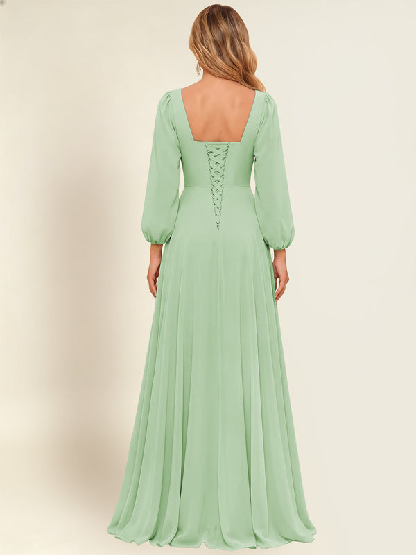 A-Line Long Sleeve Chiffon Bridesmaid Dress With Slit