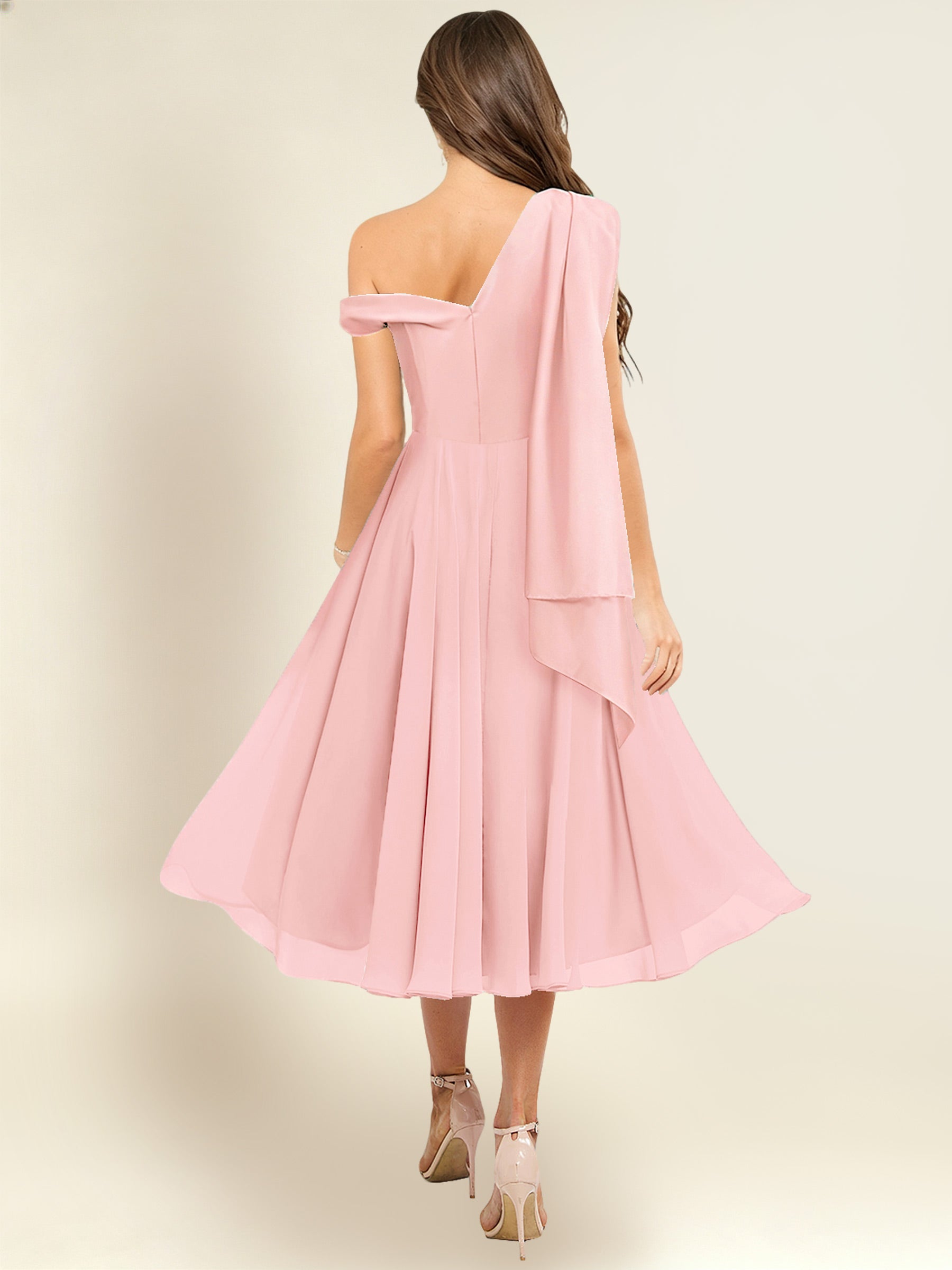 ROVDESY A-Line One Shoulder Pleated Chiffon Bridesmaid Dress With Flowing Sash