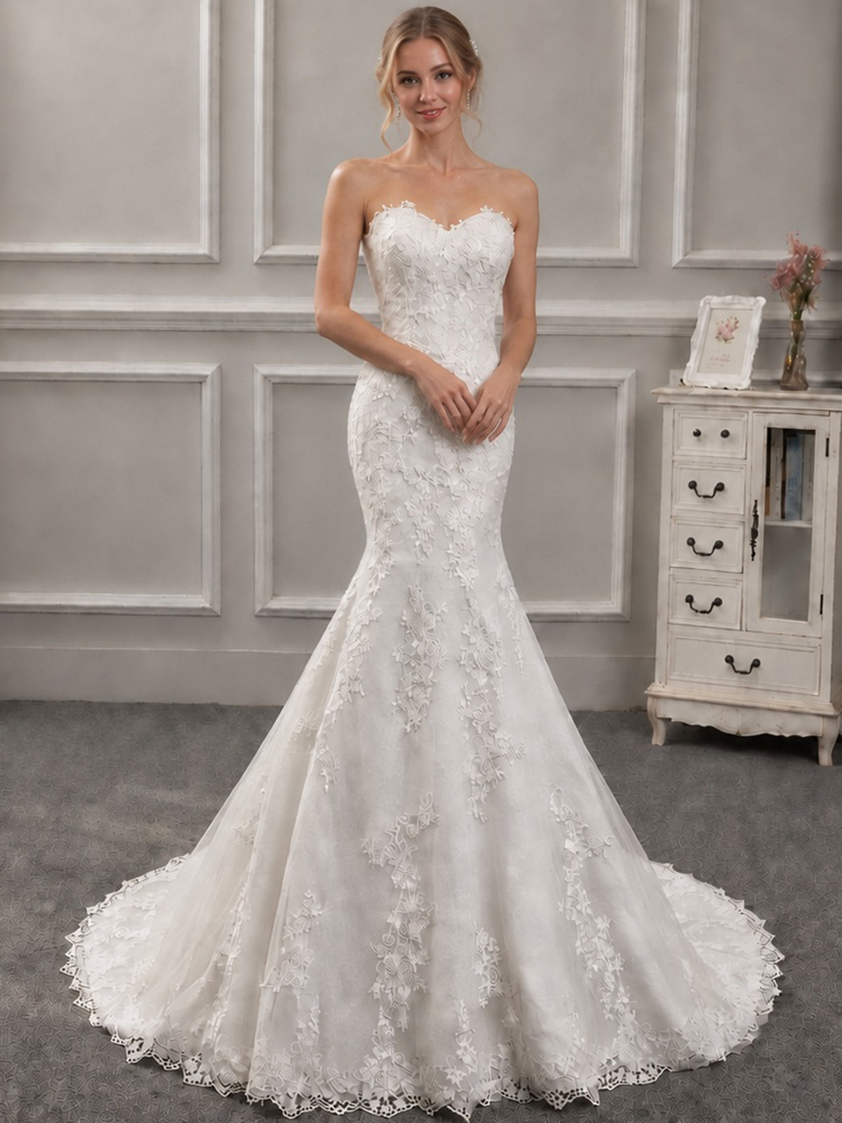 Strapless Sweetheart Lace Mermaid Wedding Dress with Corset Back