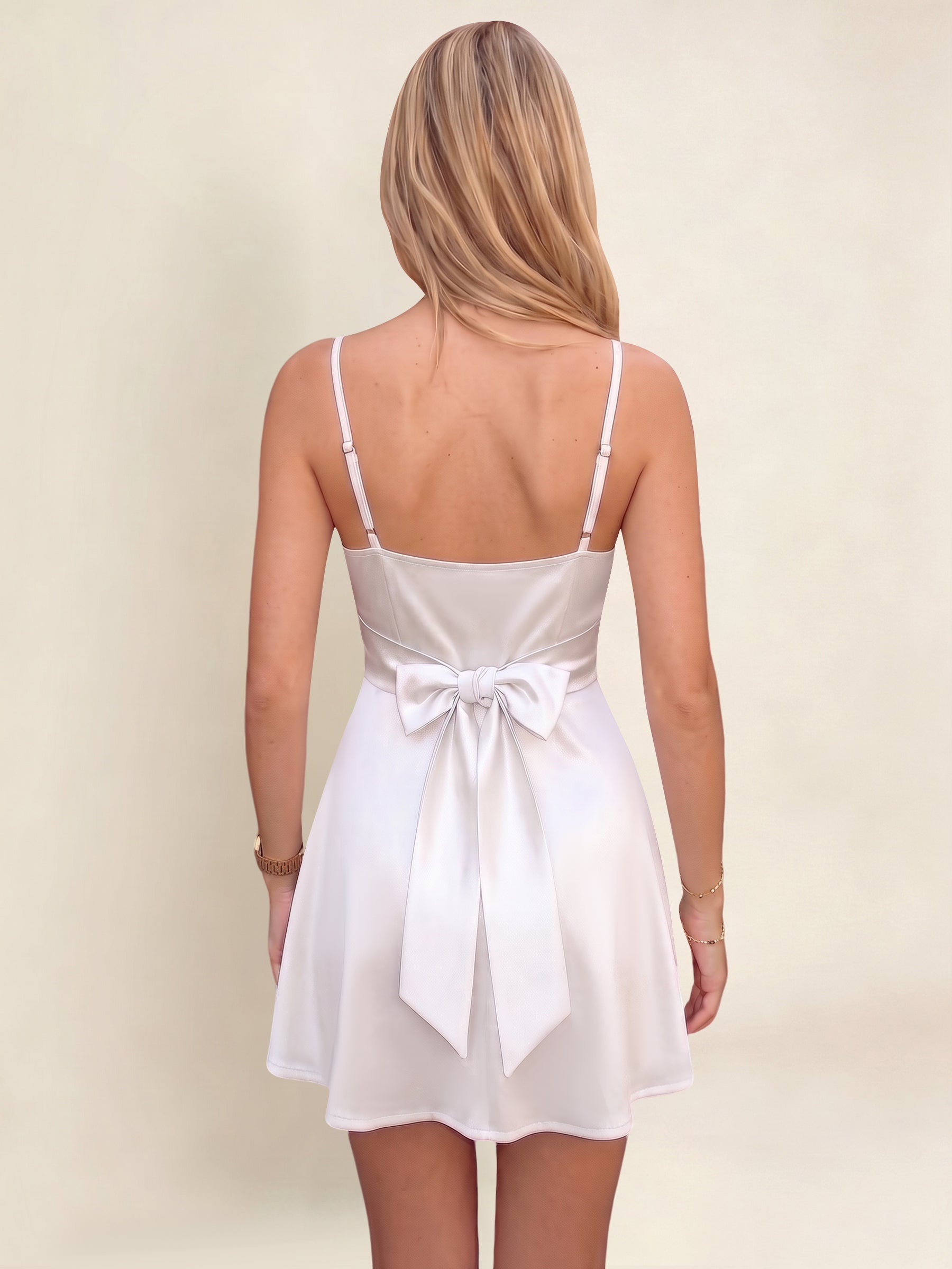 ROVDESY A-Line Spaghetti Strap Cowl Neck Satin Mini Homecoming Dress With Bow