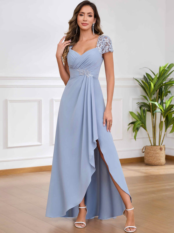 A-Line Pleated Lace Sequin Ruffle Chiffon Mother Of The Bride Dress With Slit