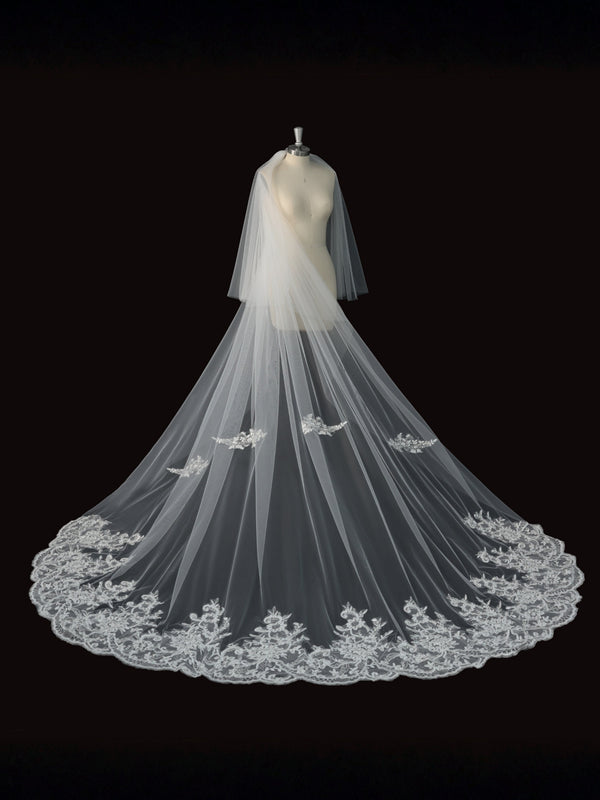 Two-Tier Cathedral Wedding Veil with Sequined Floral Lace Applique