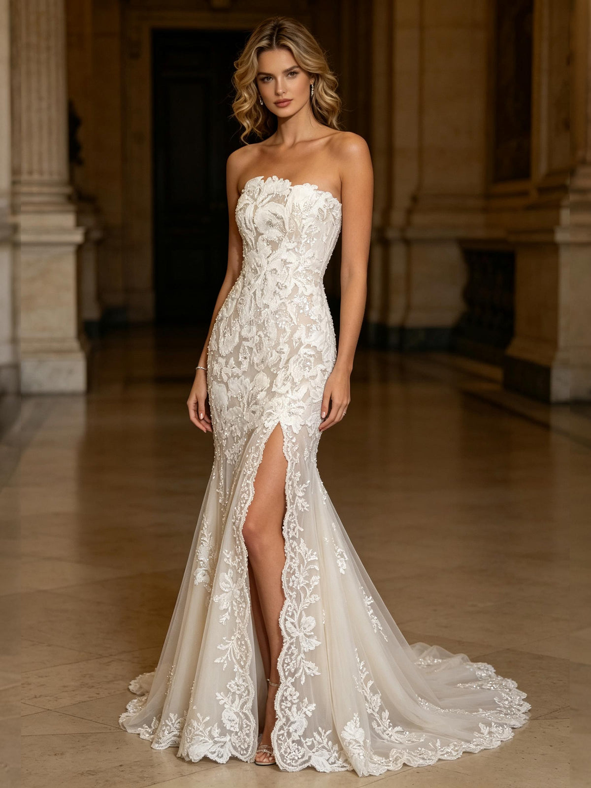 Strapless Lace Mermaid Wedding Dress With High Slit Sweep Train Bridal Gown