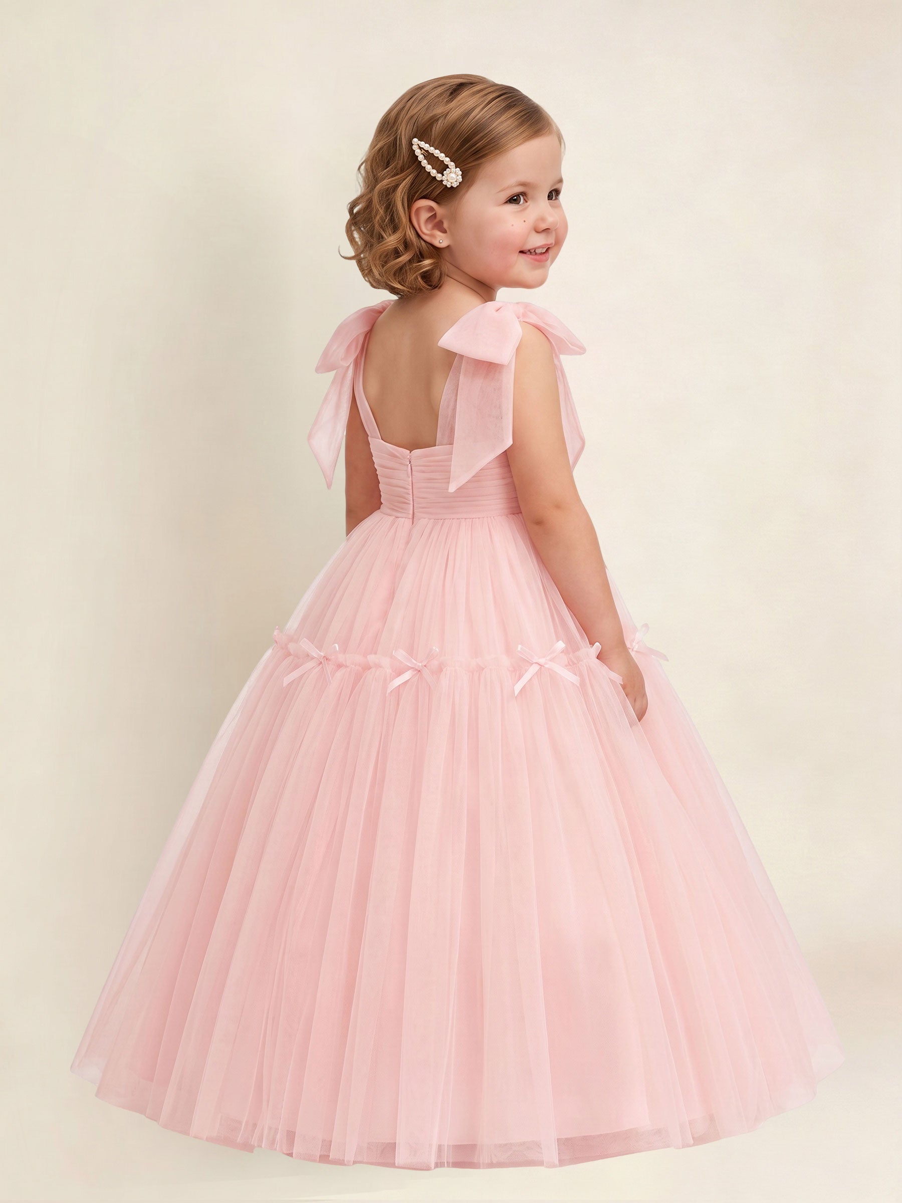 ROVDESY A-Line Tulle Flower Girl Dress With Bow Long Ball Gown Dress