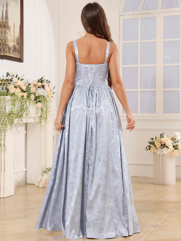 A-Line Spaghetti Straps Pleated Jacquard Satin Bridesmaid/Prom Dress With Slit