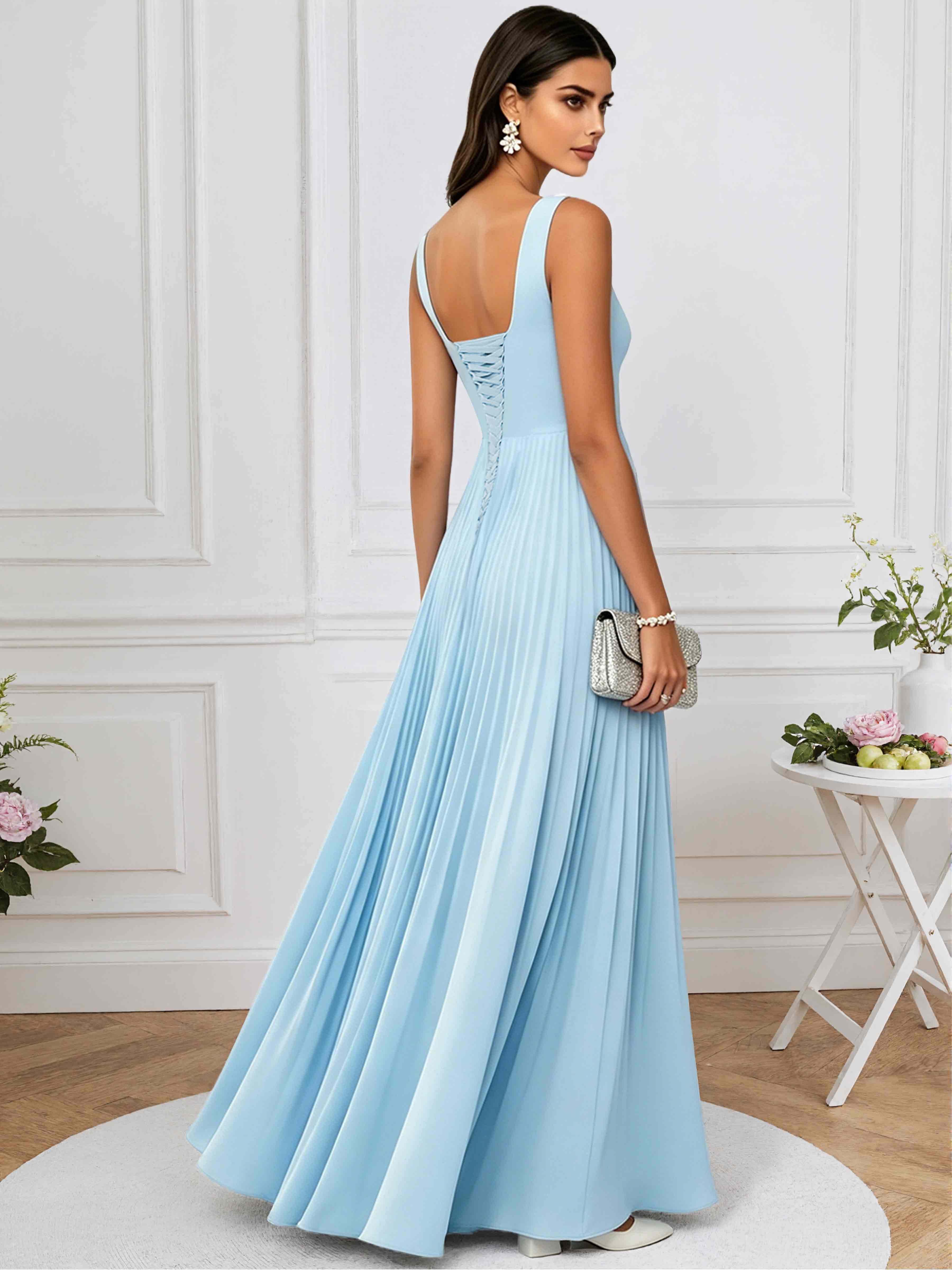 ROVDESY A-Line Square Neck Pleated Chiffon Long Bridesmaid/Prom Dress