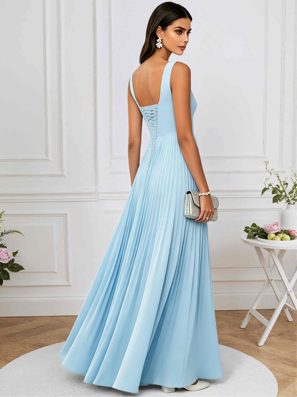 A-Line Square Neck Pleated Chiffon Long Bridesmaid/Prom Dress