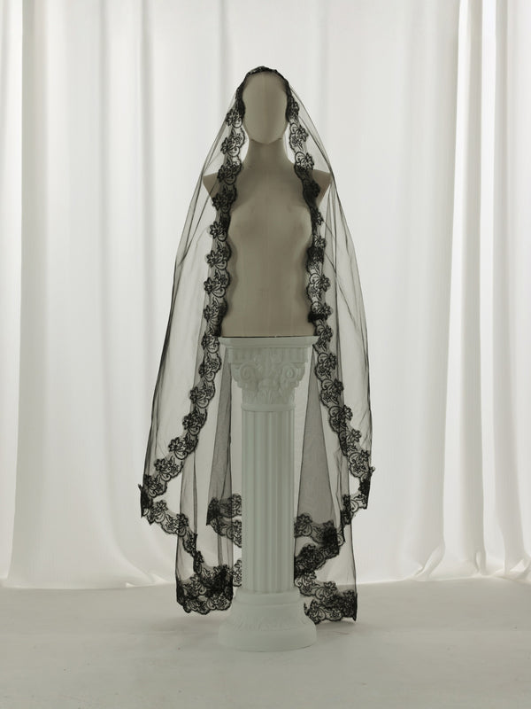 Single Tier Chapel Length Black Floral Lace Bridal Veil