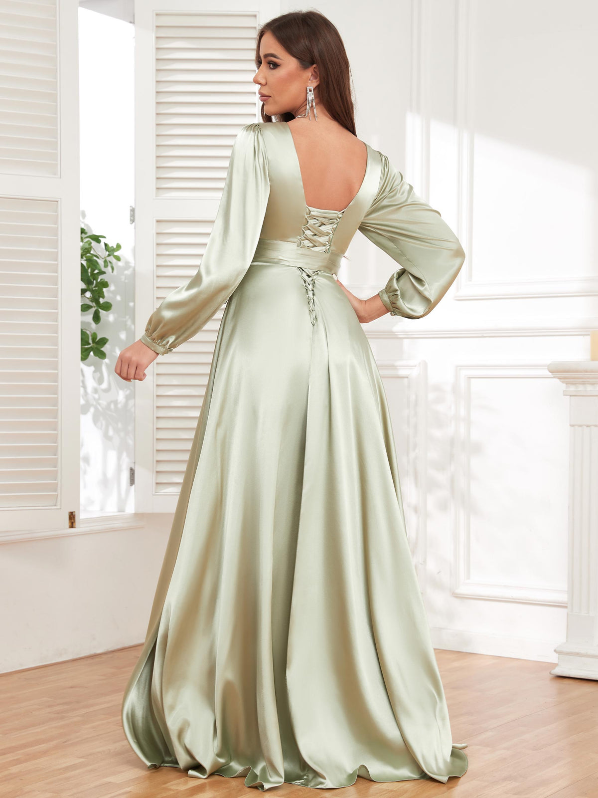 V Neck Satin Long Sleeve Bridesmaid Dress with Slit