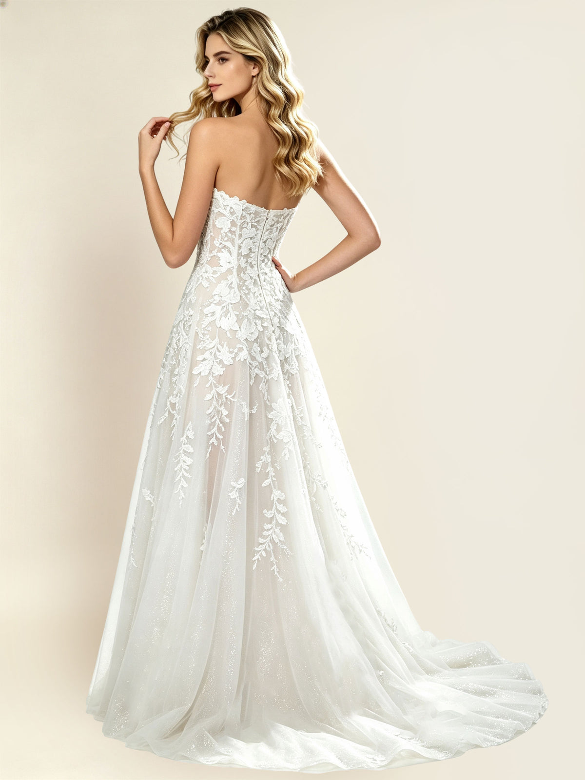 Strapless Floral Lace A?Line Wedding Gown With Glitter Tulle