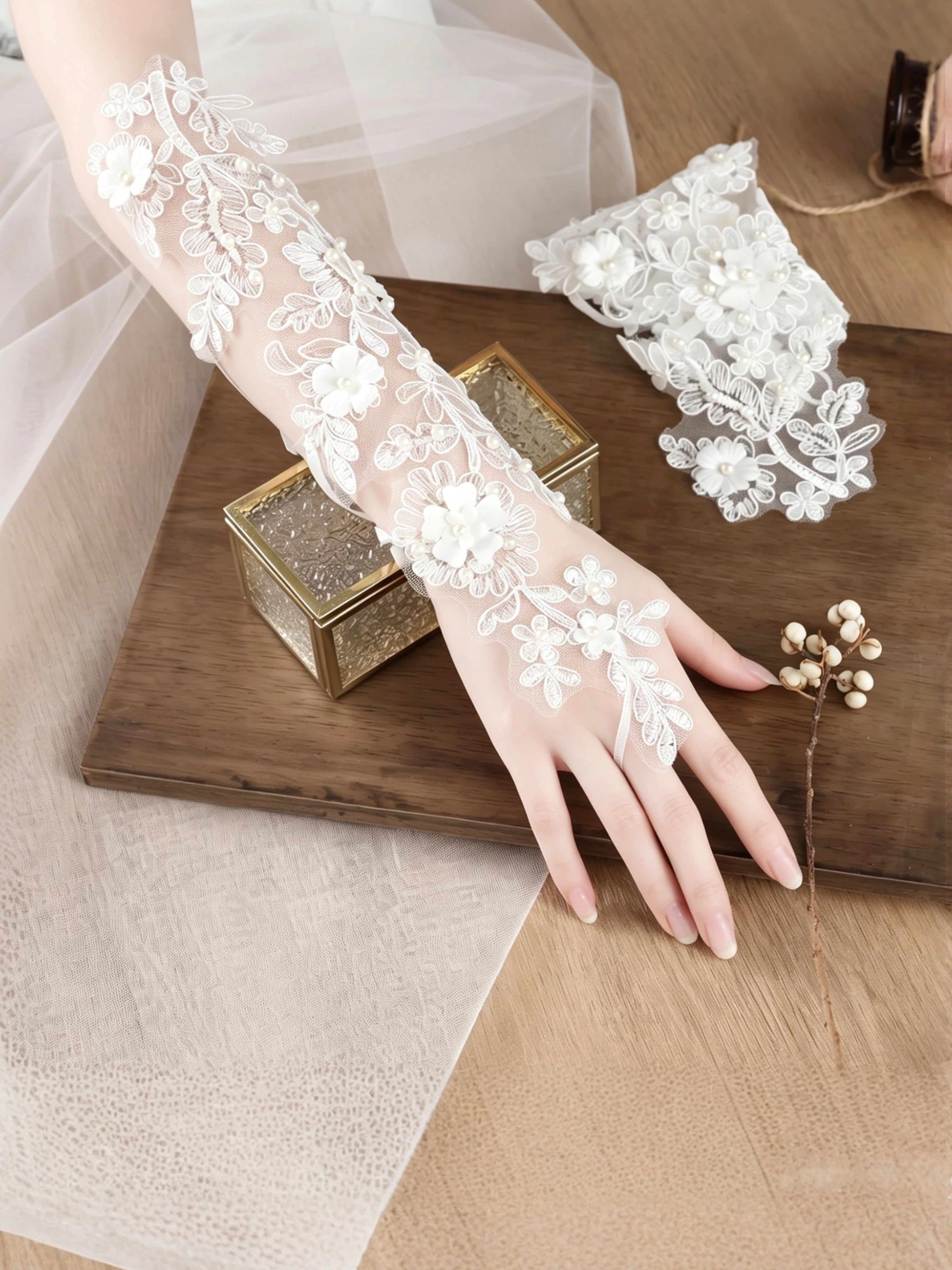 ROVDESY Romantic Floral Lace Sheer Bridal Gloves with Pearl Accents