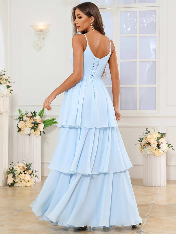 V-Neck Spaghetti Straps Tiered Chiffon Bridesmaid Dress With Ruffles