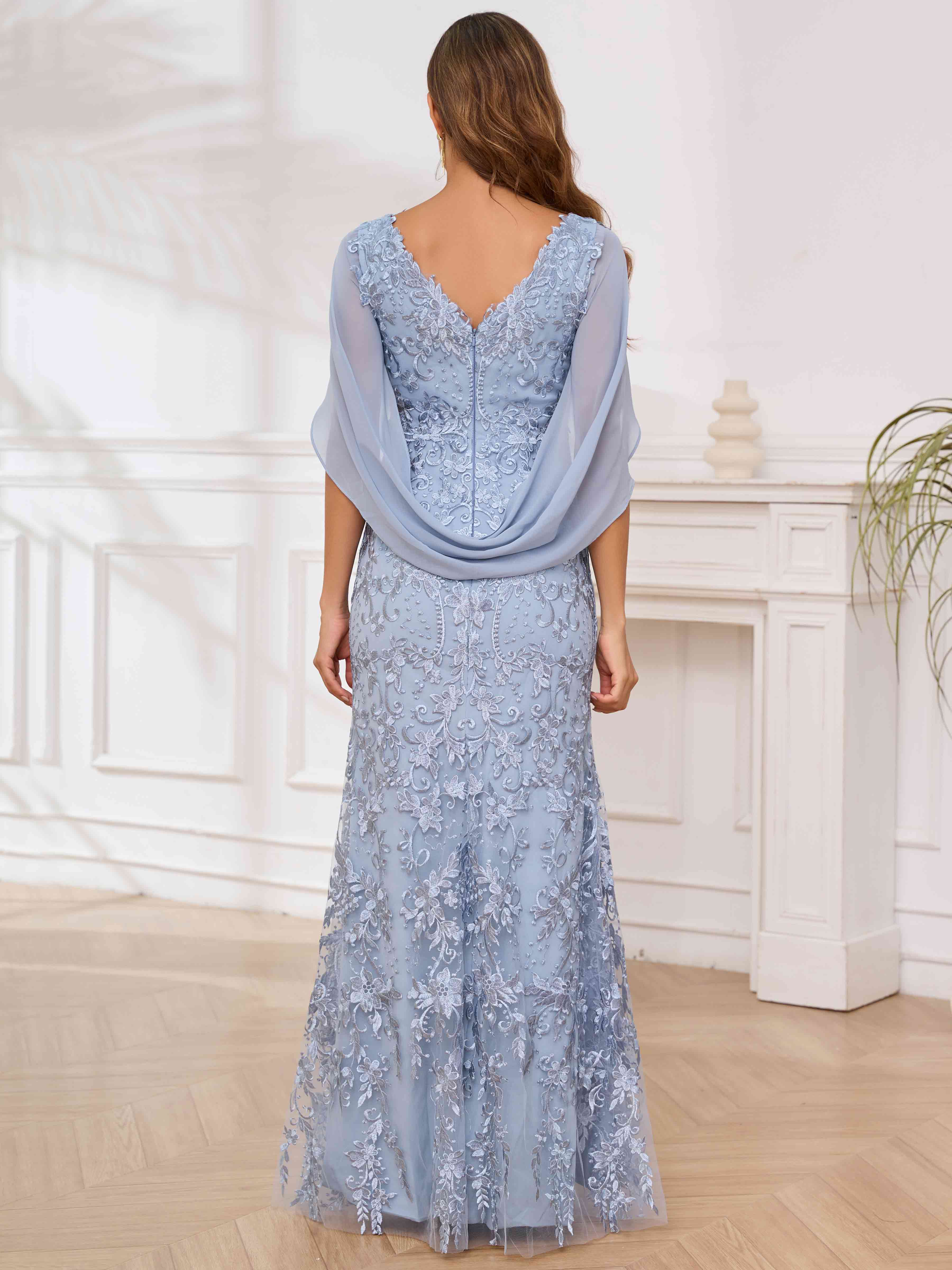 ROVDESY V-Neck Lace Mermaid Mother Of The Bride Dress With Cape Sleeves Long Formal Gown