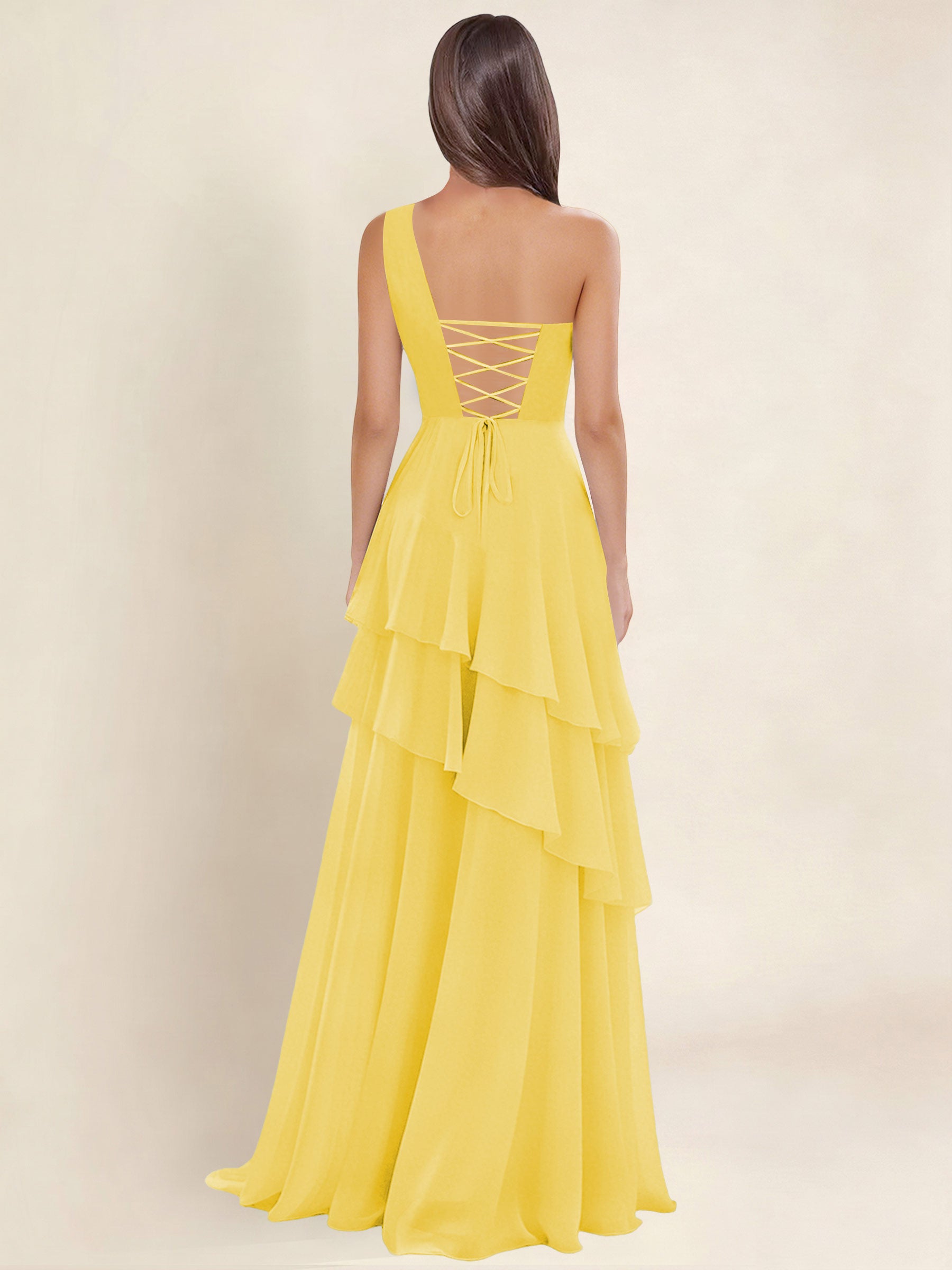 ROVDESY A-Line One Shoulder Pleated Tiered Chiffon Bridesmaid Dress