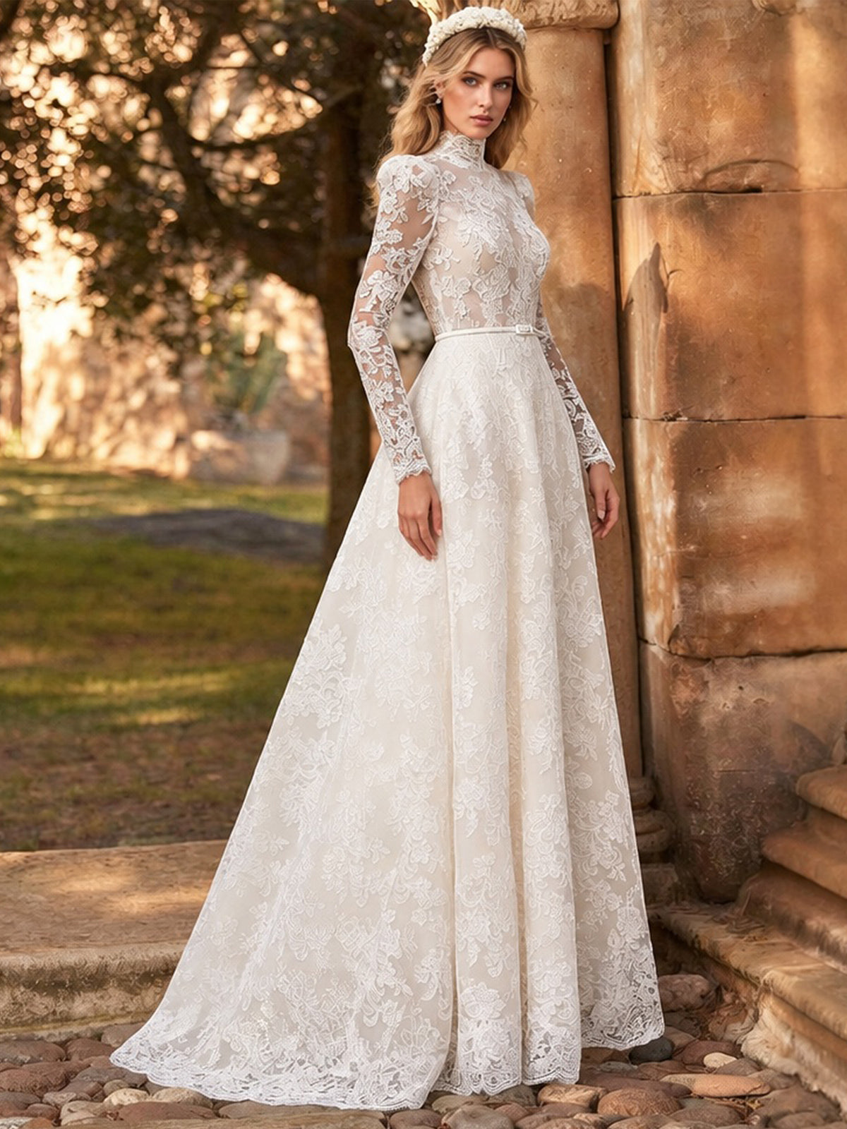 A-Line High‑Neck Long Sleeve Lace Wedding Dress With Open Back