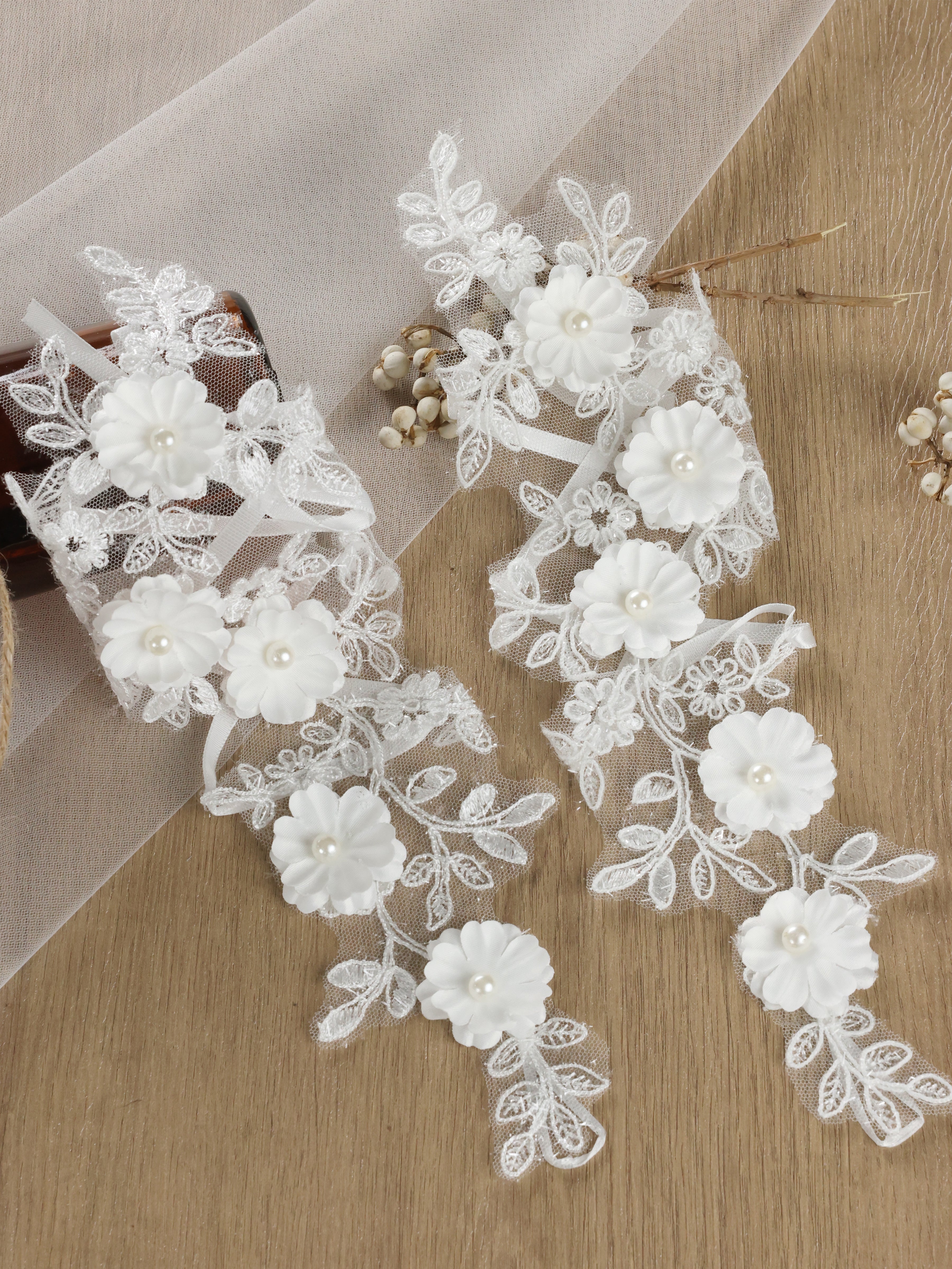 ROVDESY Delicate 3D Floral Lace Sheer Bridal Gloves with Pearl Details