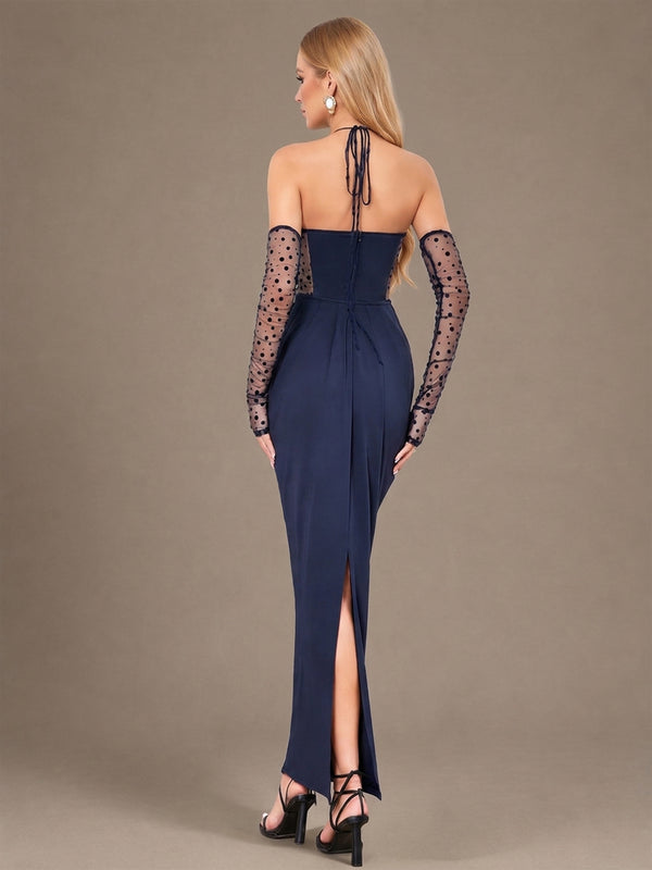 Halter Polka‑Dot Mesh Corset Maxi Dress with Detachable Long Sleeves