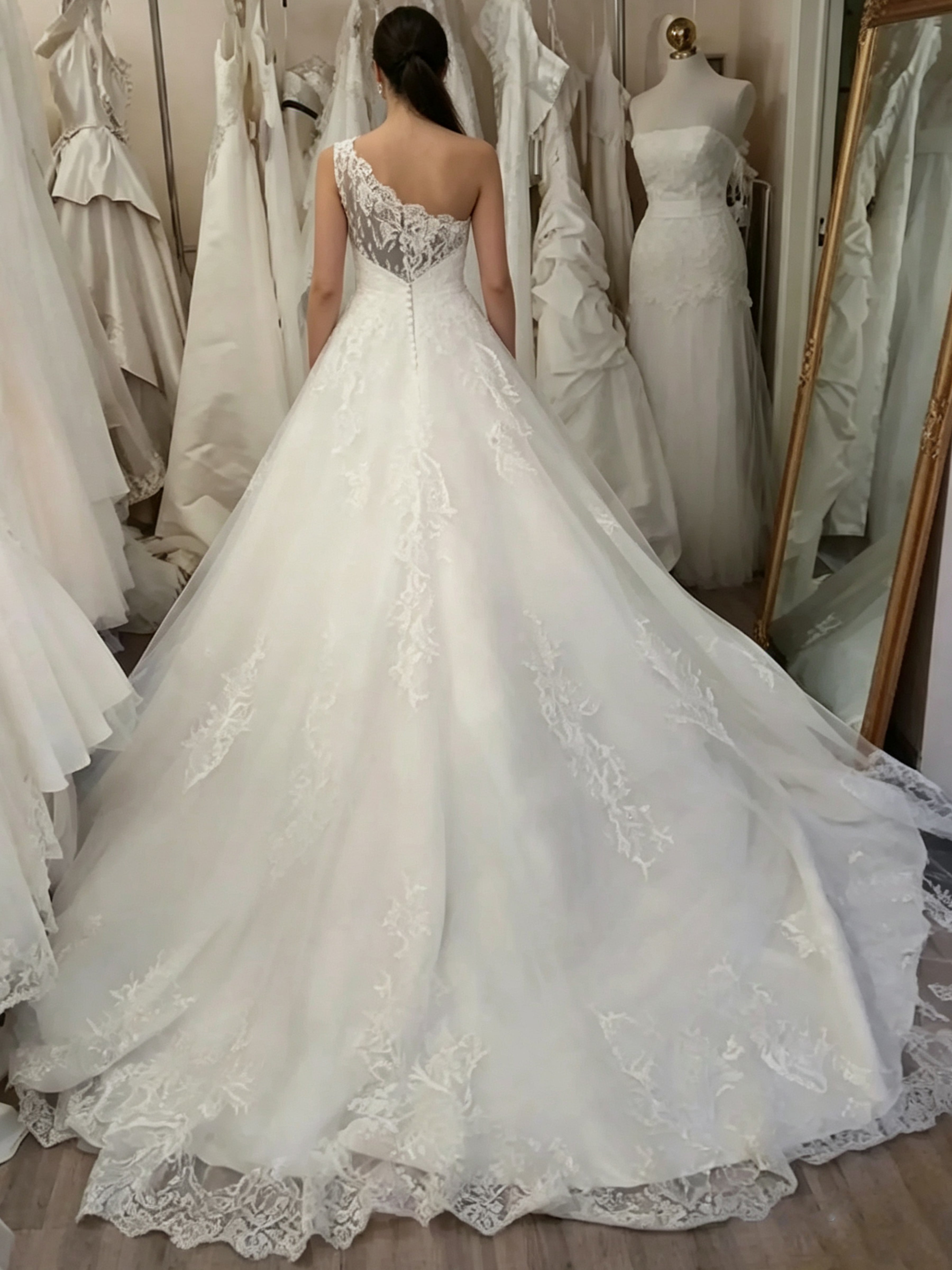 ROVDESY  One Shoulder Lace A-Line Tulle Wedding Dress Bridal Gown