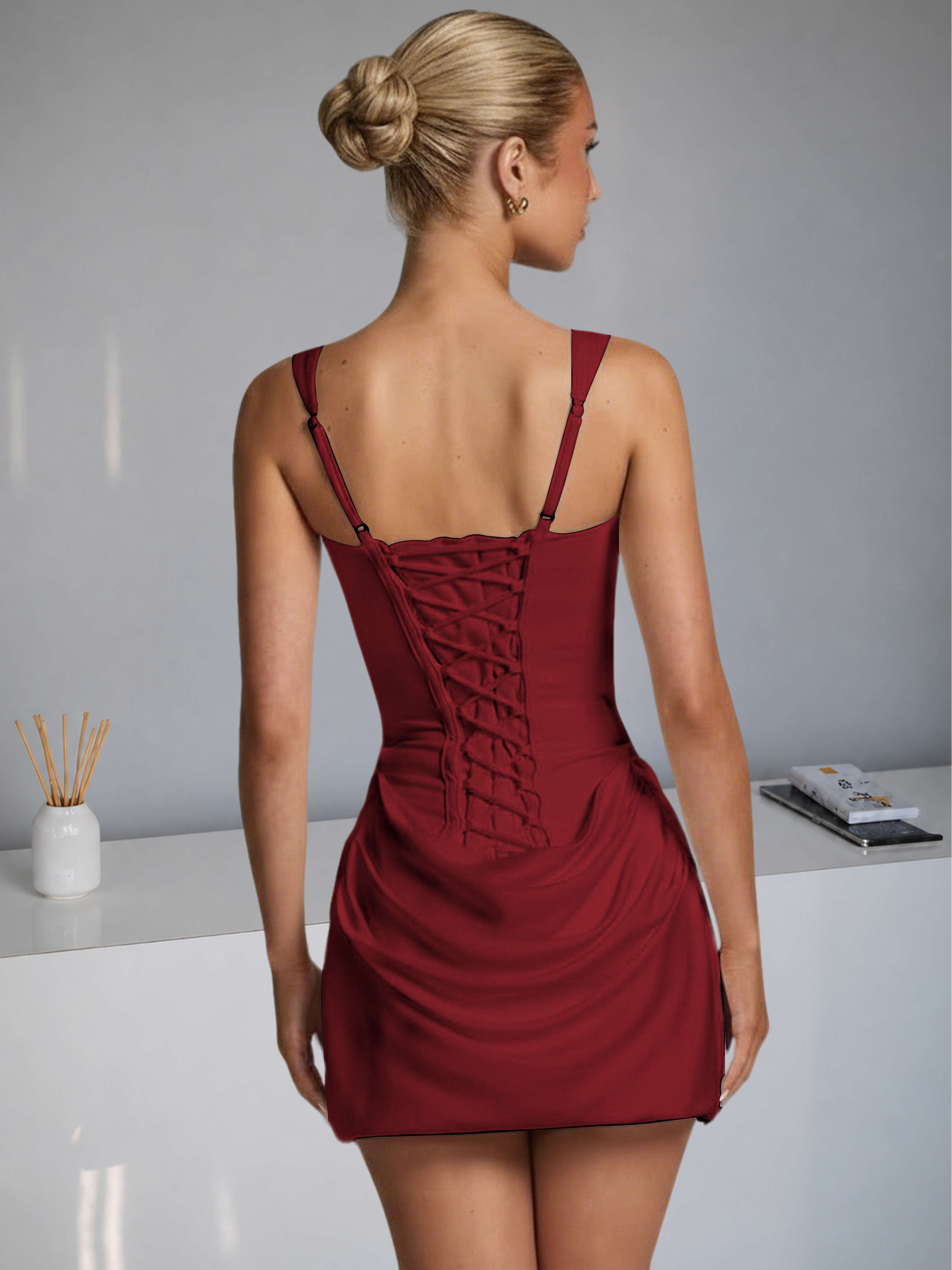 ROVDESY Square Neck Ruched Satin Homecoming Mini Dress
