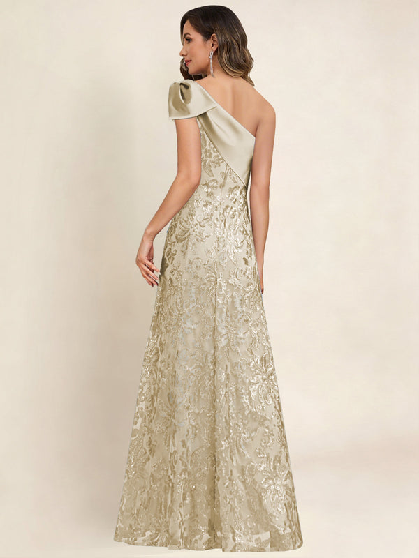 One Shoulder Sequin Mermaid Long Mother Of The Bride Dress Formal Gown With Bow