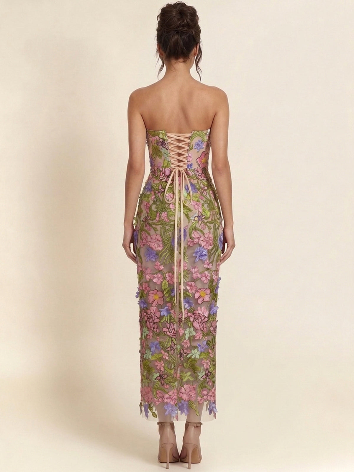 Strapless 3D Floral Lace Midi Bodycon Formal Dress