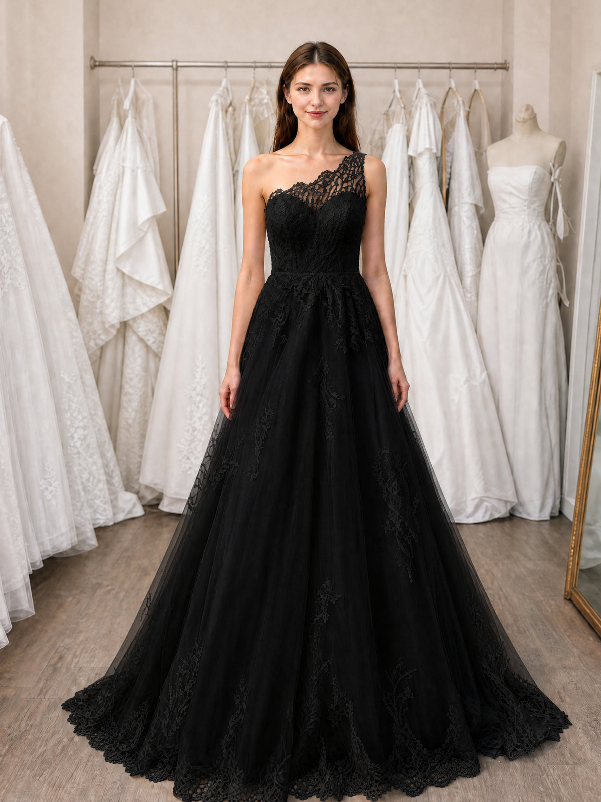 One Shoulder Lace A-Line Tulle Wedding Dress Bridal Gown