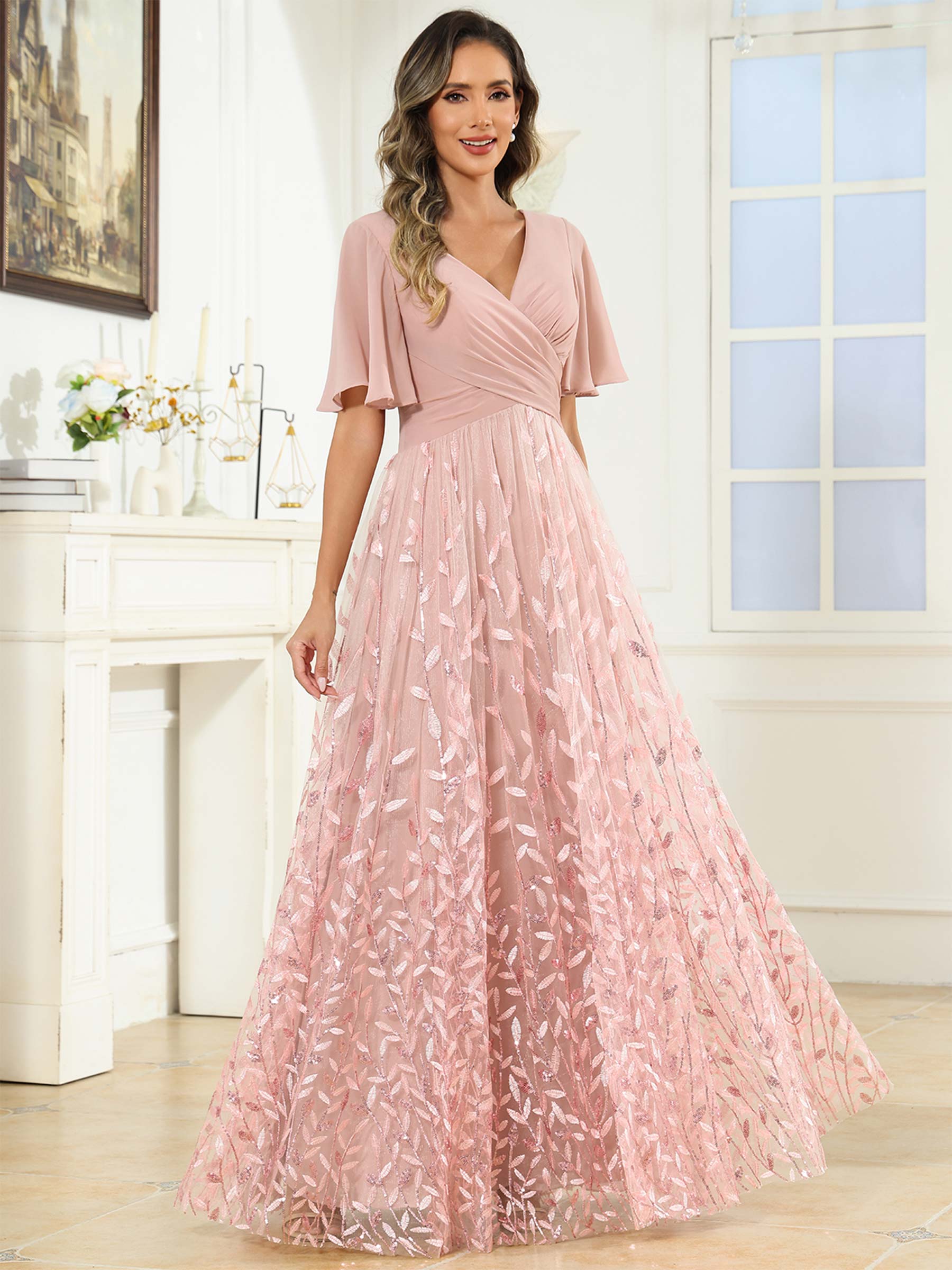 ROVDESY A-Line V-Neck Chiffon Sequin Mother Of The Bride Dress With Short Sleeves