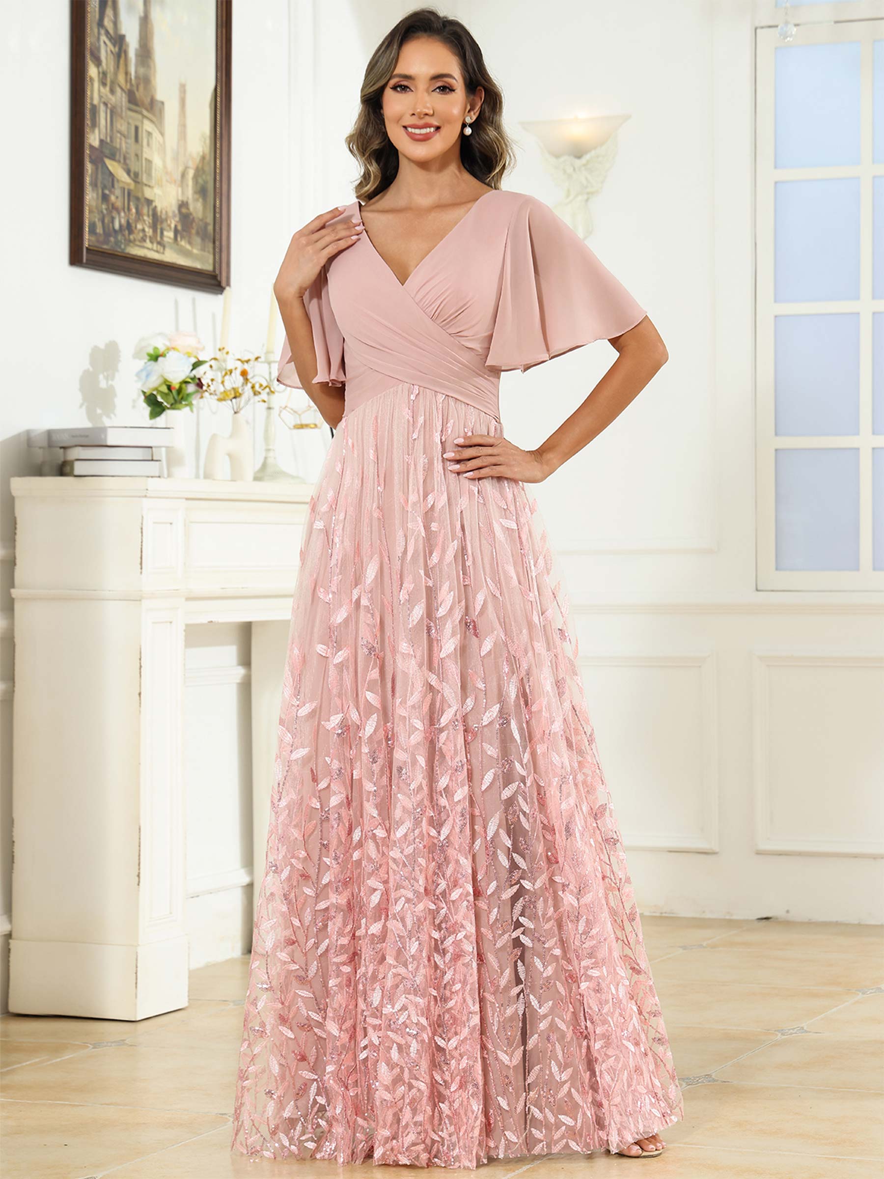 ROVDESY A-Line V-Neck Chiffon Sequin Mother Of The Bride Dress With Short Sleeves