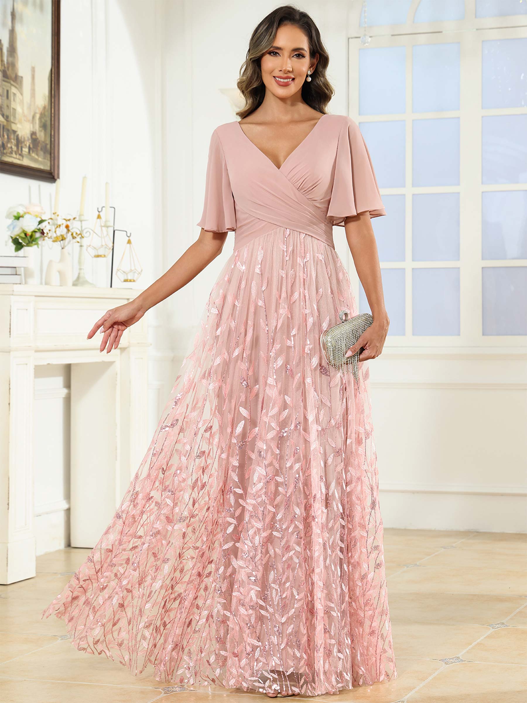 ROVDESY A-Line V-Neck Chiffon Sequin Mother Of The Bride Dress With Short Sleeves