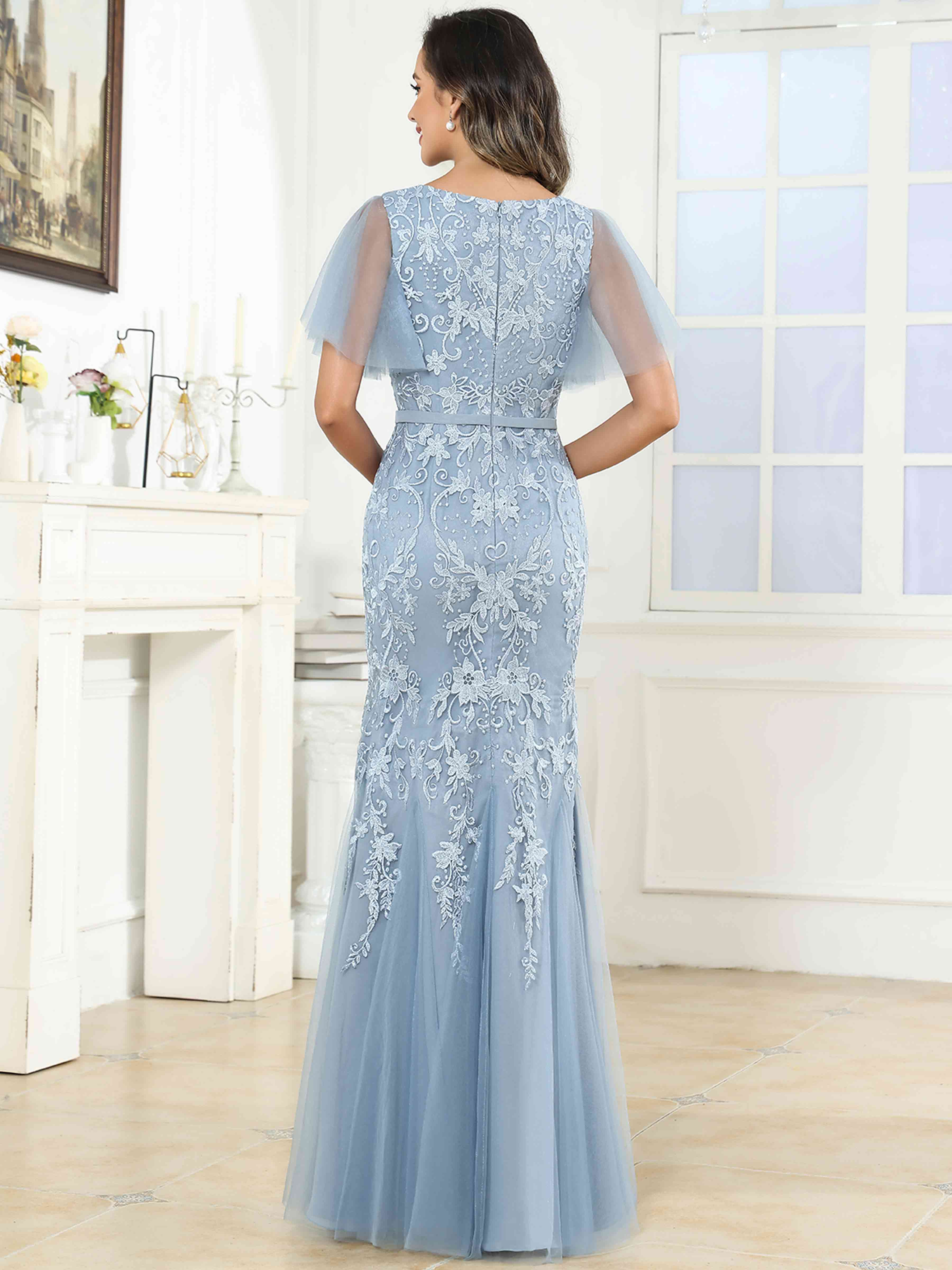 ROVDESY Elegant V-Neck Lace Mermaid Long Mother Of The Bride Dress Formal Gown With Sleeves