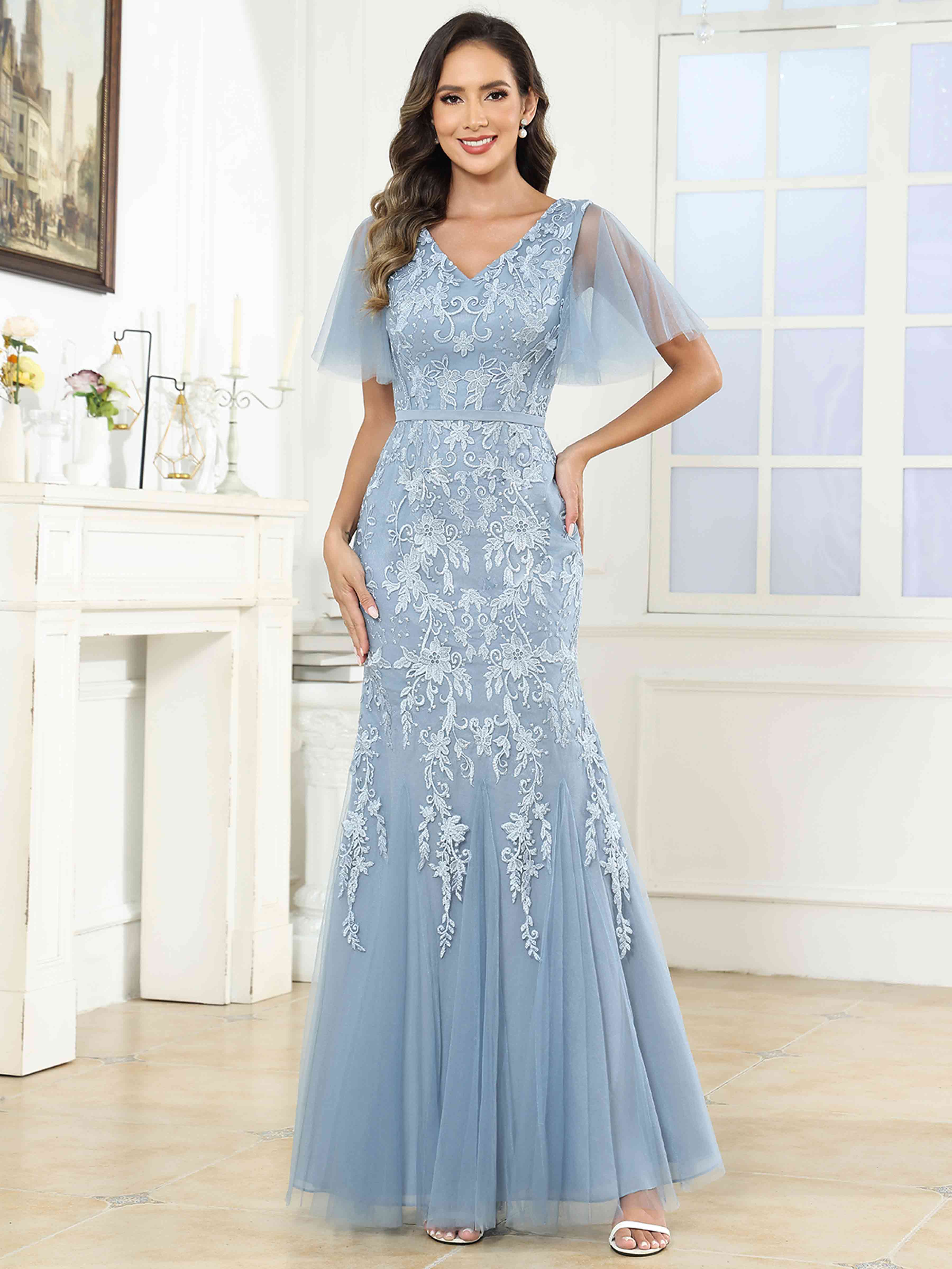 ROVDESY Elegant V-Neck Lace Mermaid Long Mother Of The Bride Dress Formal Gown With Sleeves