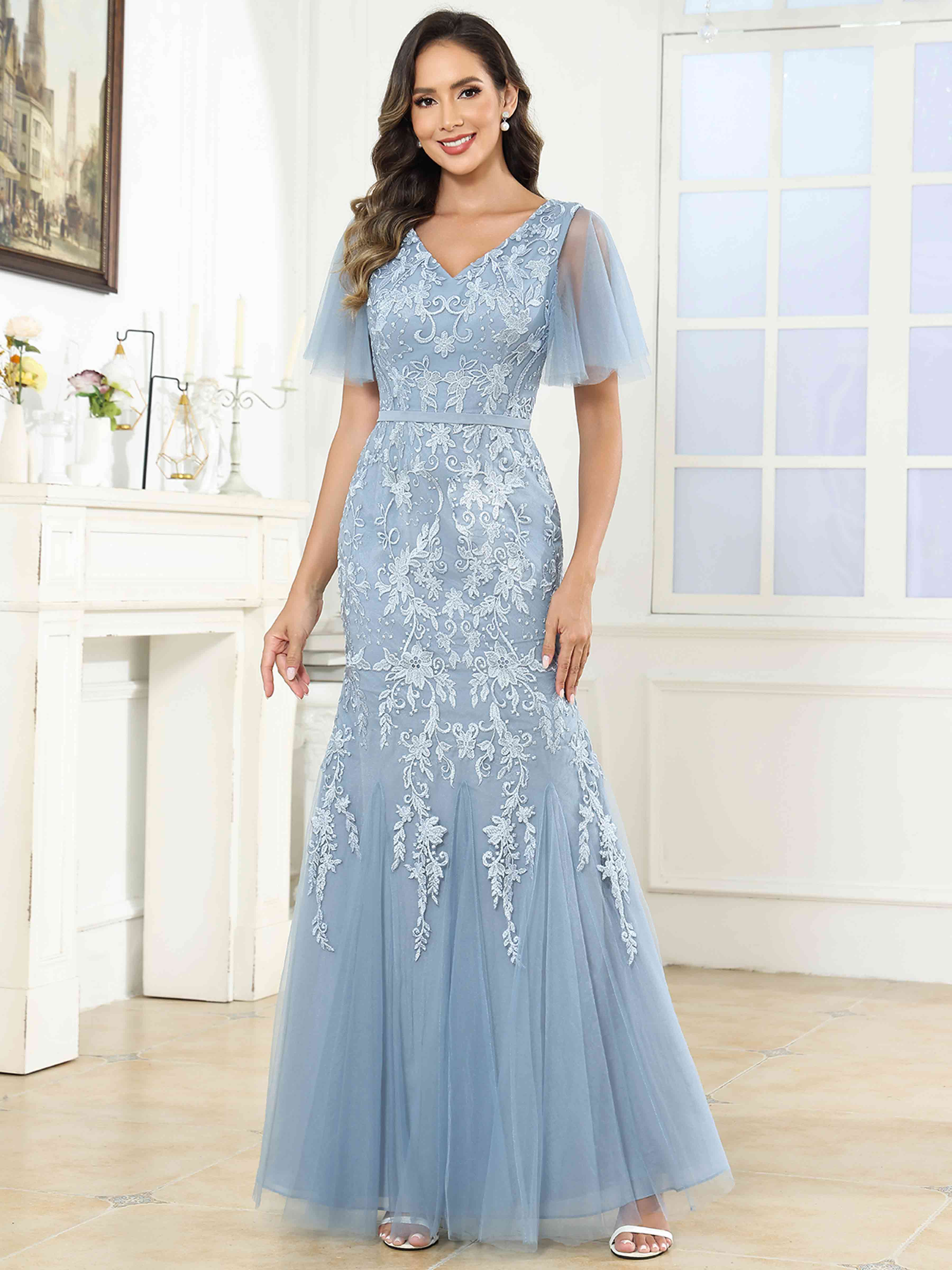 ROVDESY Elegant V-Neck Lace Mermaid Long Mother Of The Bride Dress Formal Gown With Sleeves
