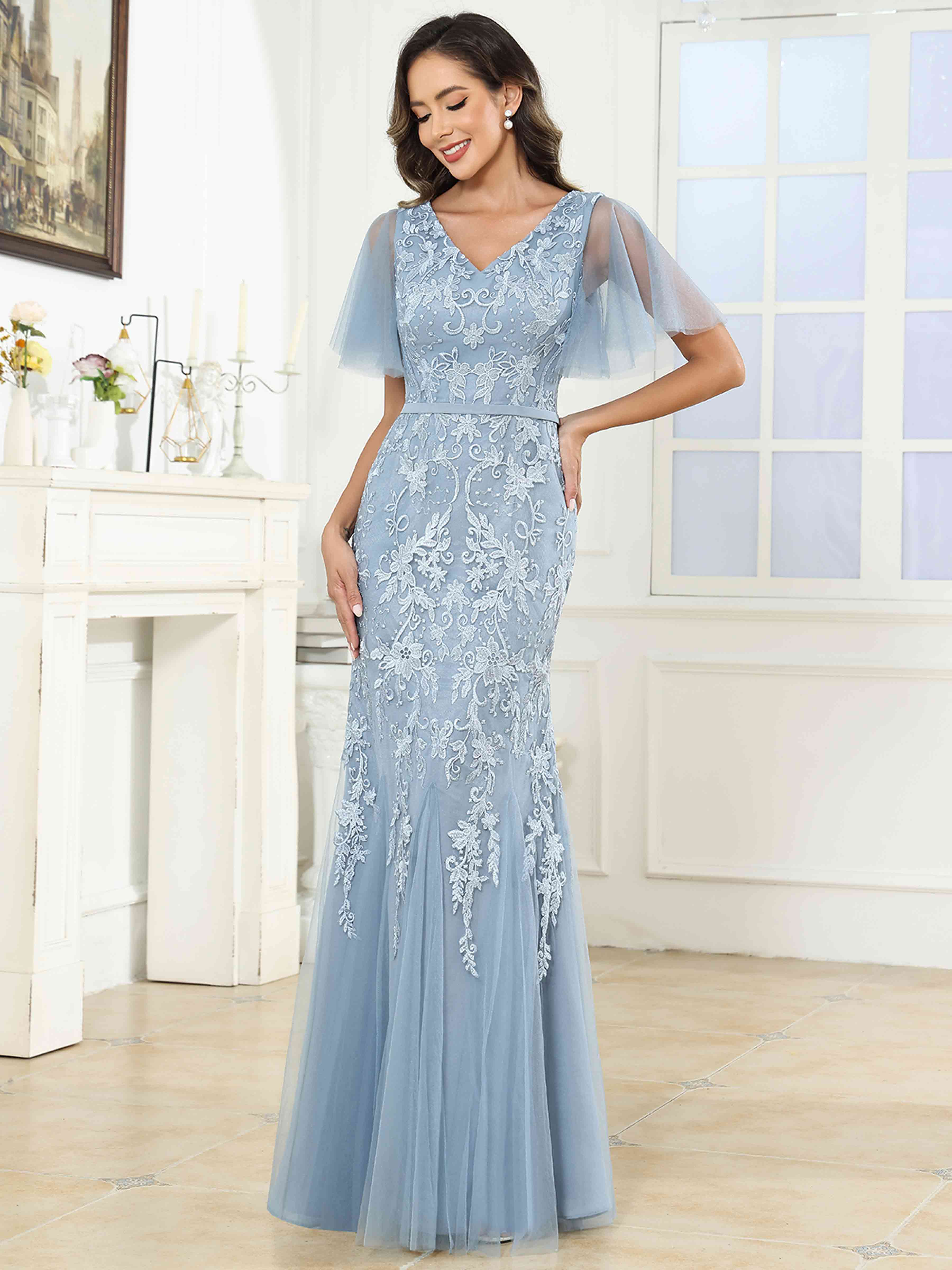 ROVDESY Elegant V-Neck Lace Mermaid Long Mother Of The Bride Dress Formal Gown With Sleeves