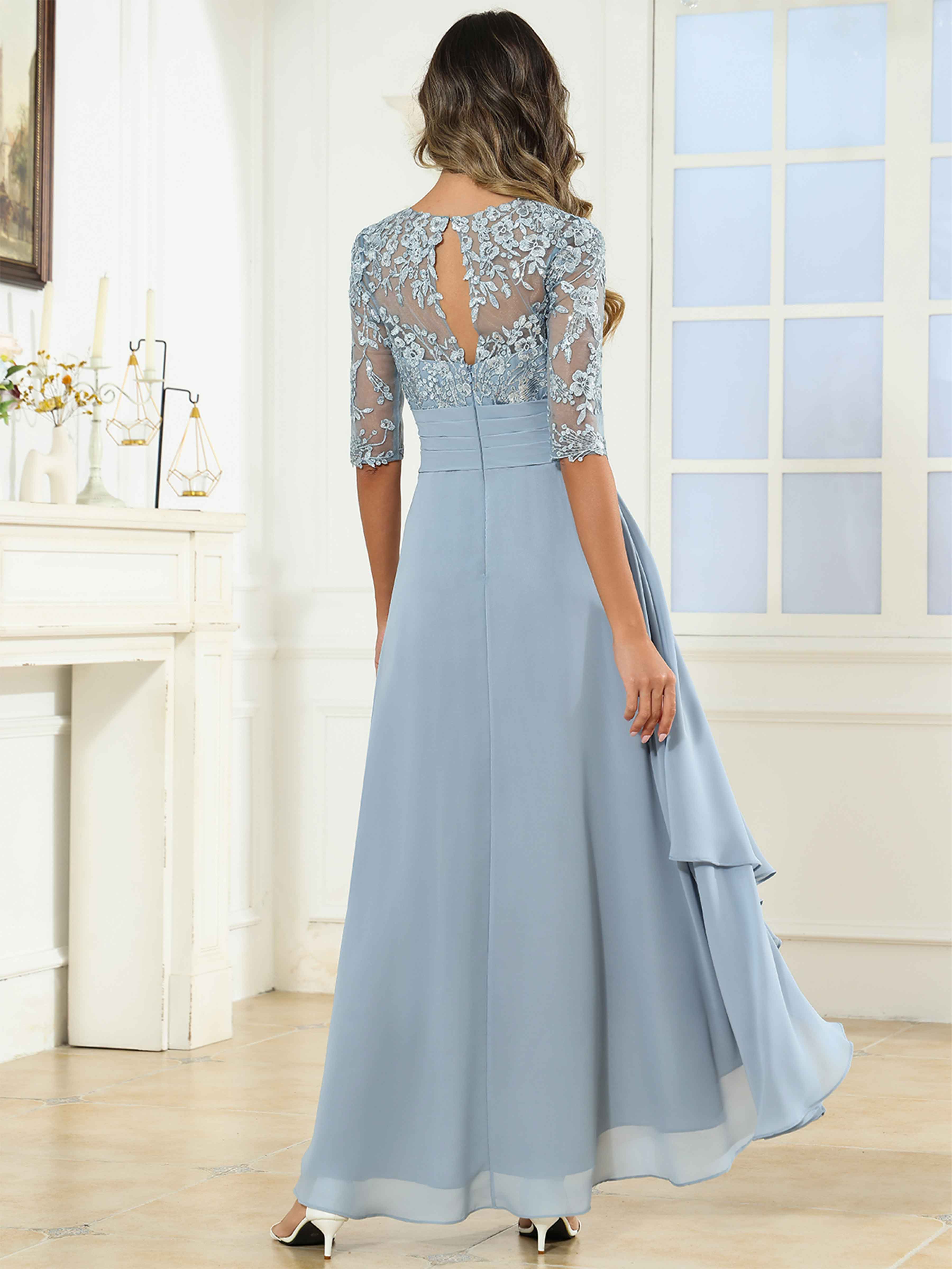 ROVDESY Tea Length A-Line Lace Chiffon Mother Of The Bride Dress With Half Sleeves