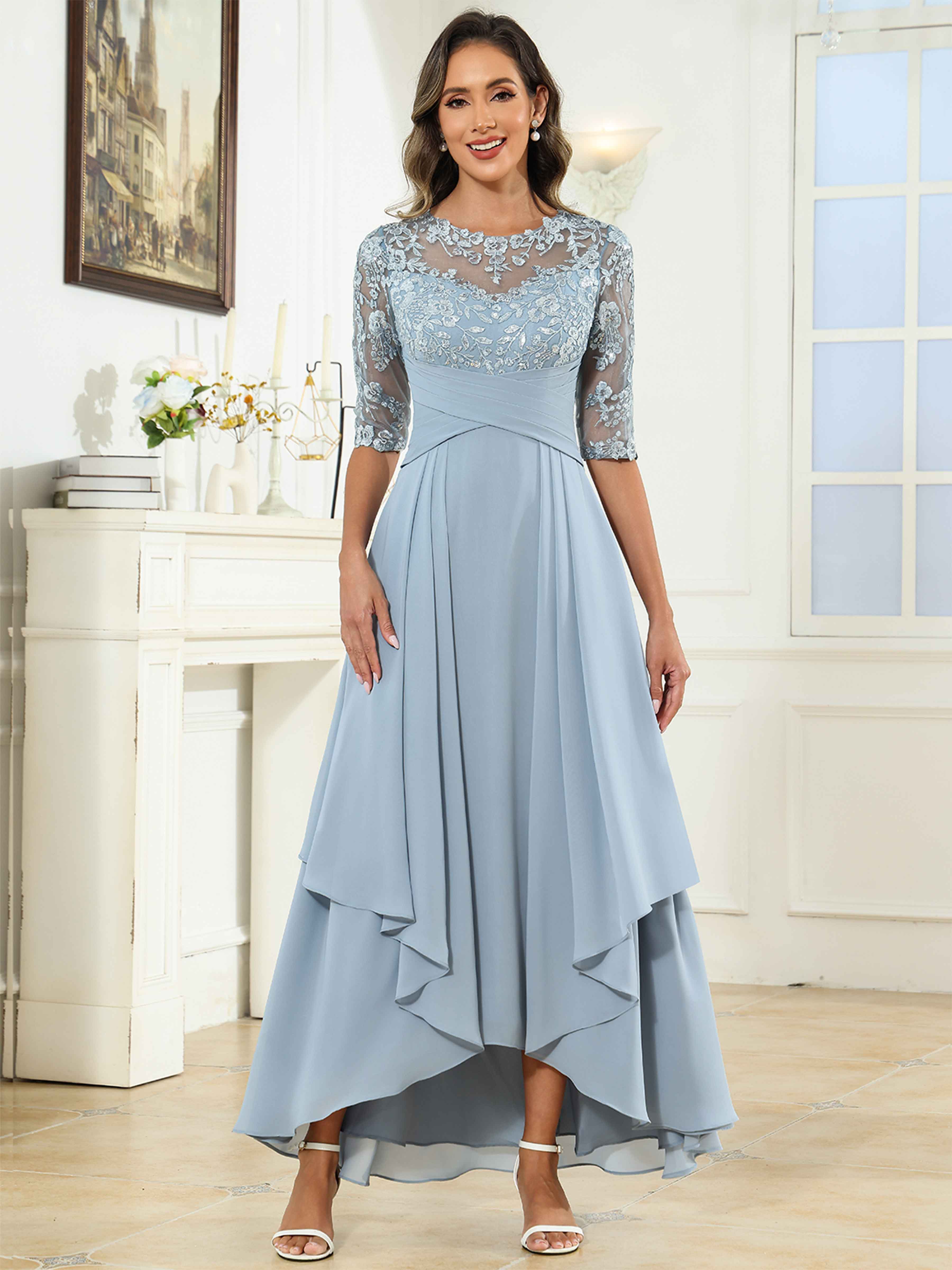 ROVDESY Tea Length A-Line Lace Chiffon Mother Of The Bride Dress With Half Sleeves
