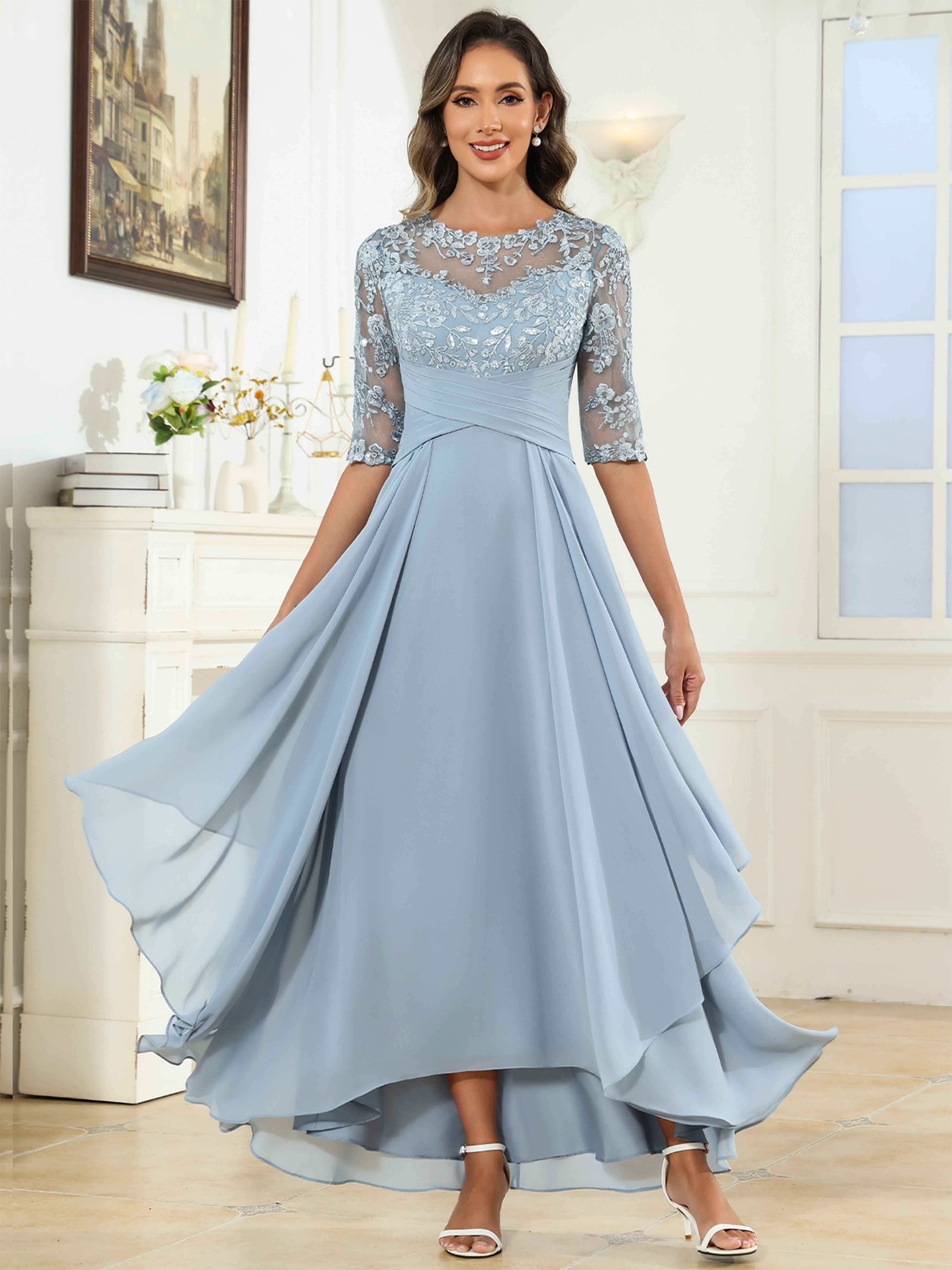 ROVDESY Tea Length A-Line Lace Chiffon Mother Of The Bride Dress With Half Sleeves