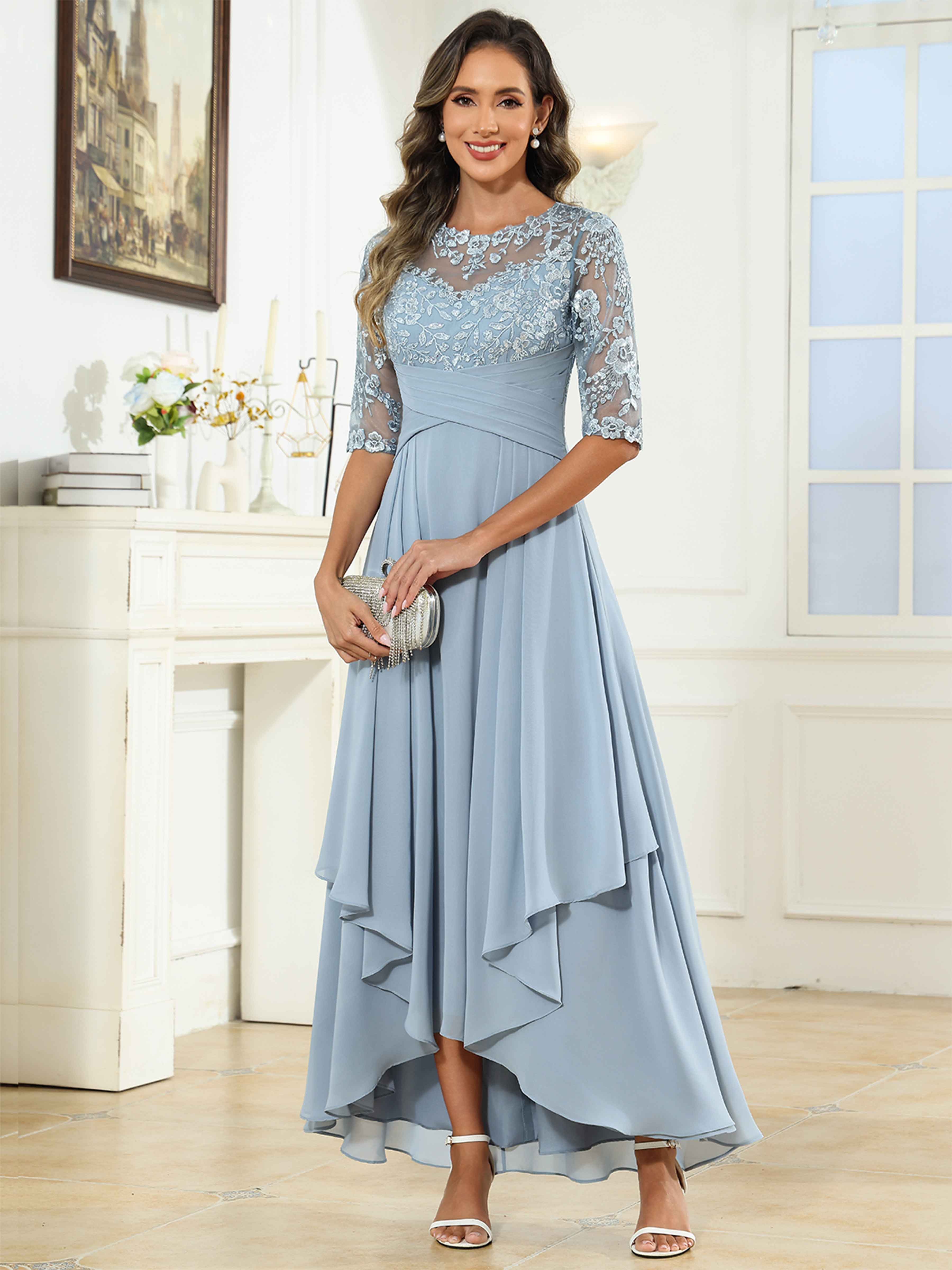 ROVDESY Tea Length A-Line Lace Chiffon Mother Of The Bride Dress With Half Sleeves