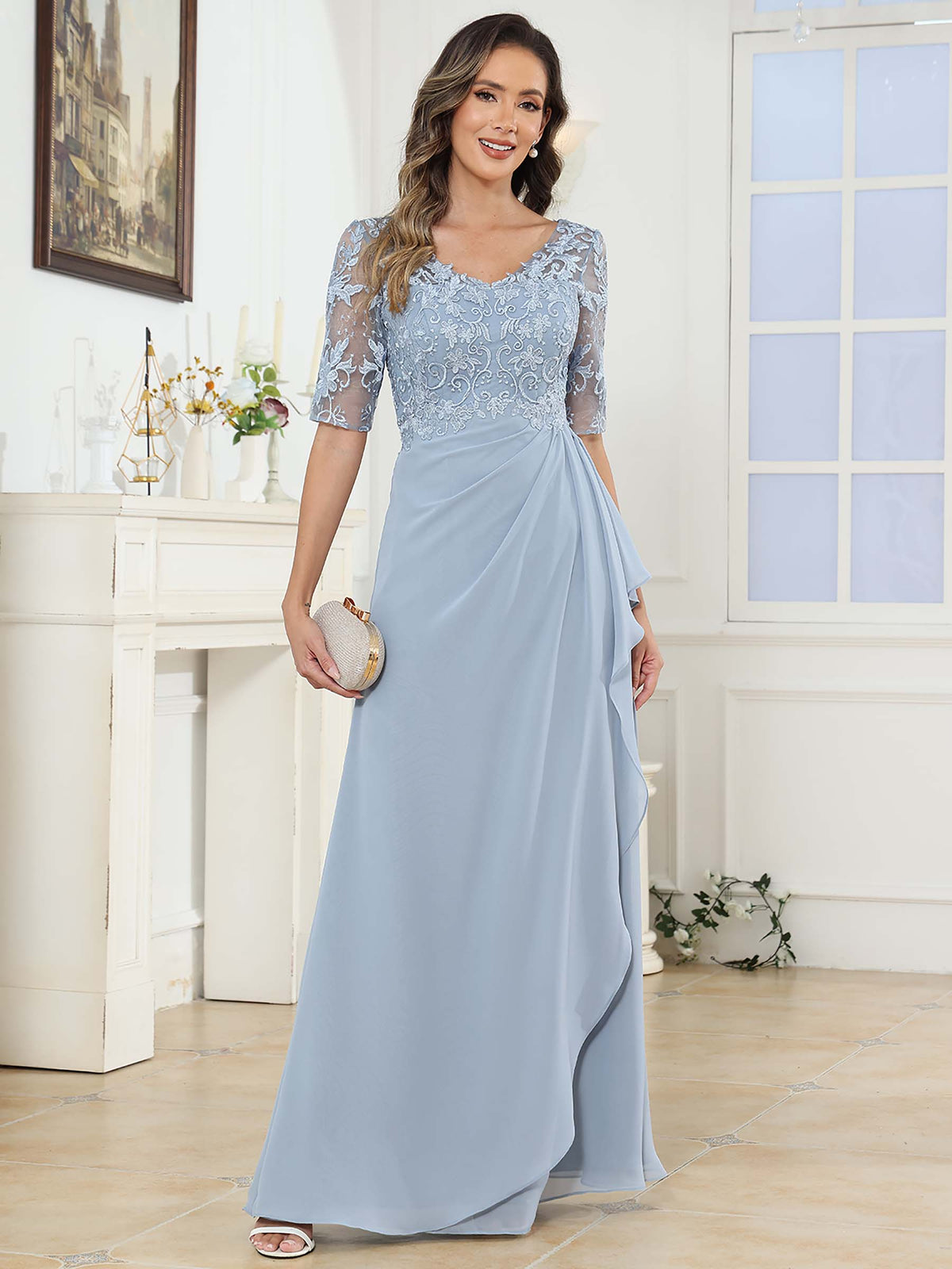 V Neck Floor Length Lace Chiffon Dress With Half Sleeves