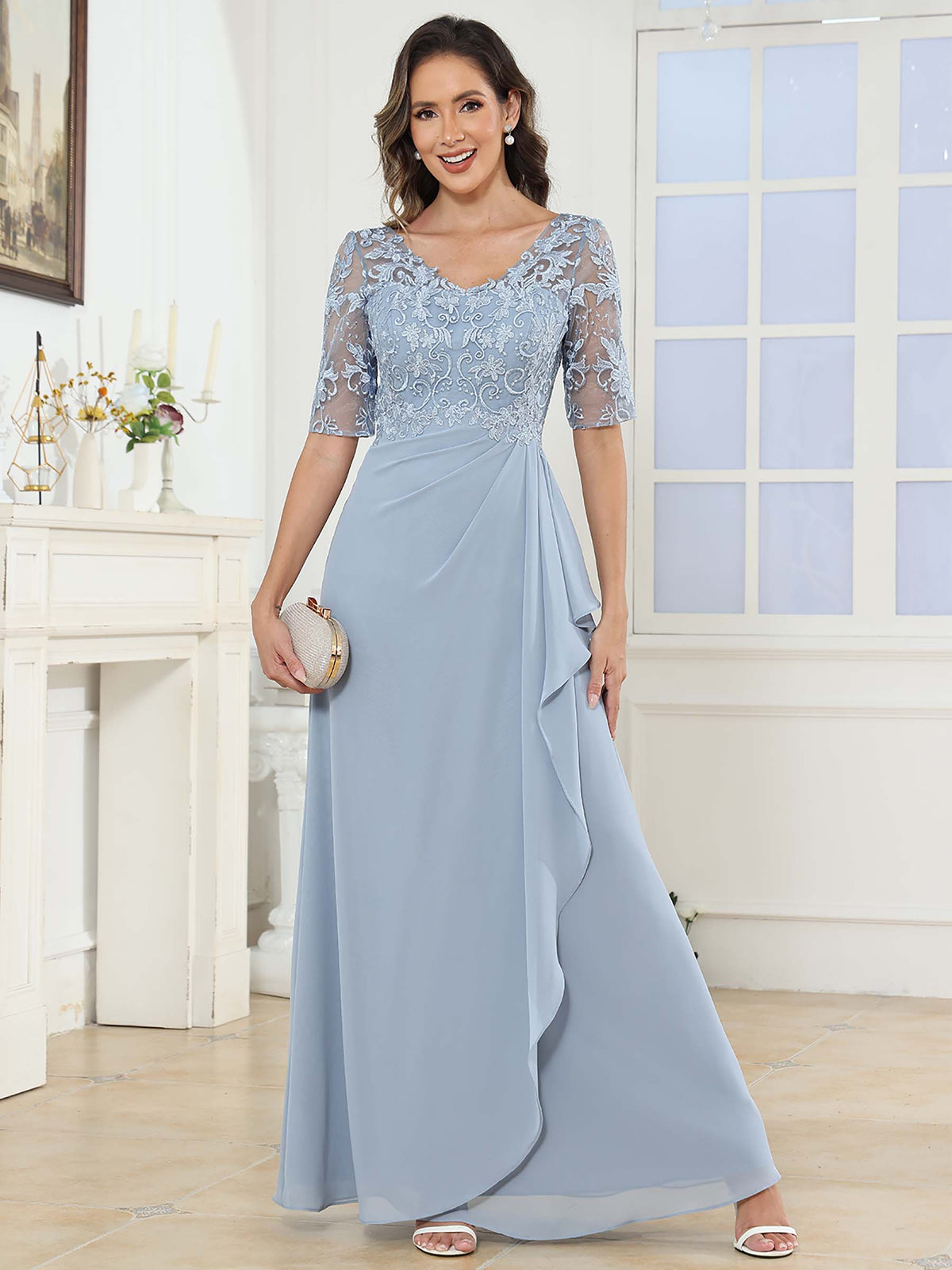 V Neck Floor Length Lace Chiffon Dress With Half Sleeves