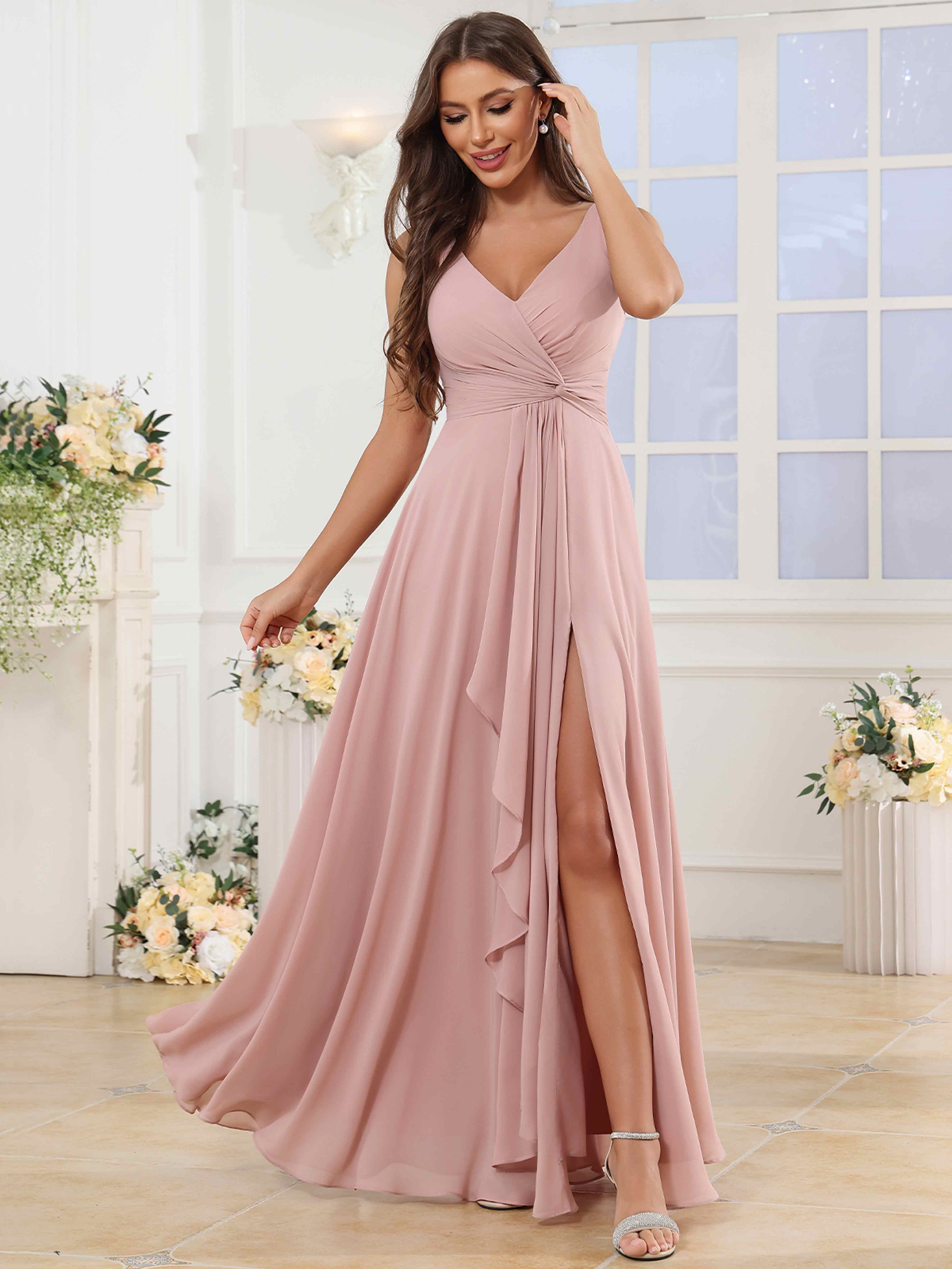 ROVDESY V-Neck Pleated Sleeveless Ruffle Chiffon Bridesmaid Dress With Slit