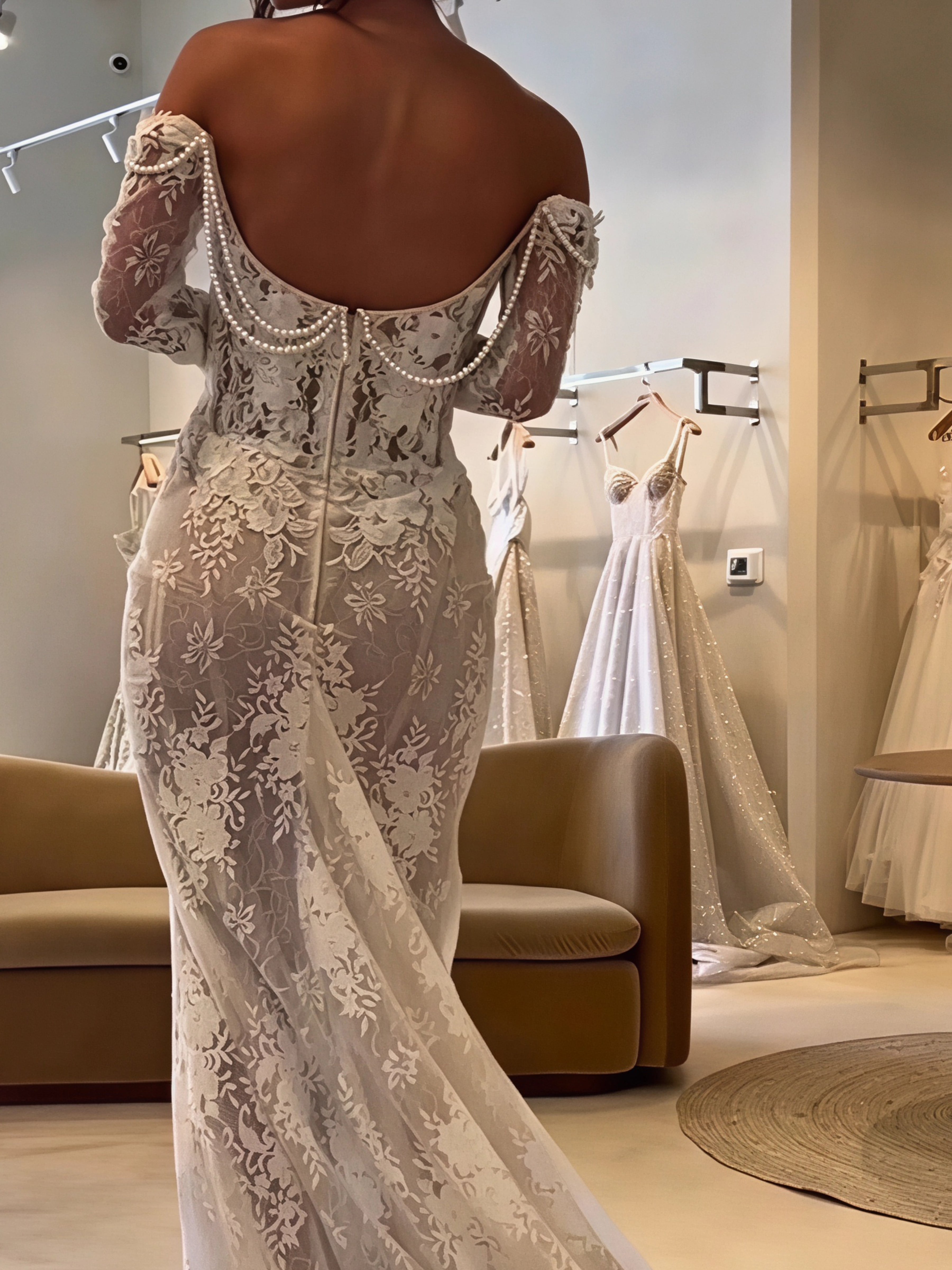 ROVDESY  Off The Shoulder Long Sleeve Floral Lace Mermaid Wedding Dress Bridal Gown