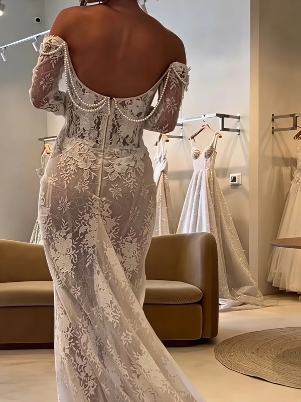 Off The Shoulder Long Sleeve Floral Lace Mermaid Wedding Dress Bridal Gown