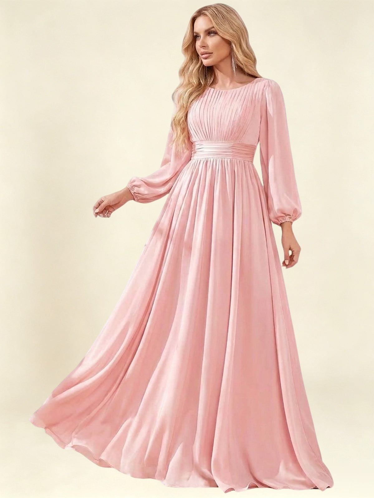 A-Line Pleated Long Chiffon Bridesmaid Dress With Long Sleeves